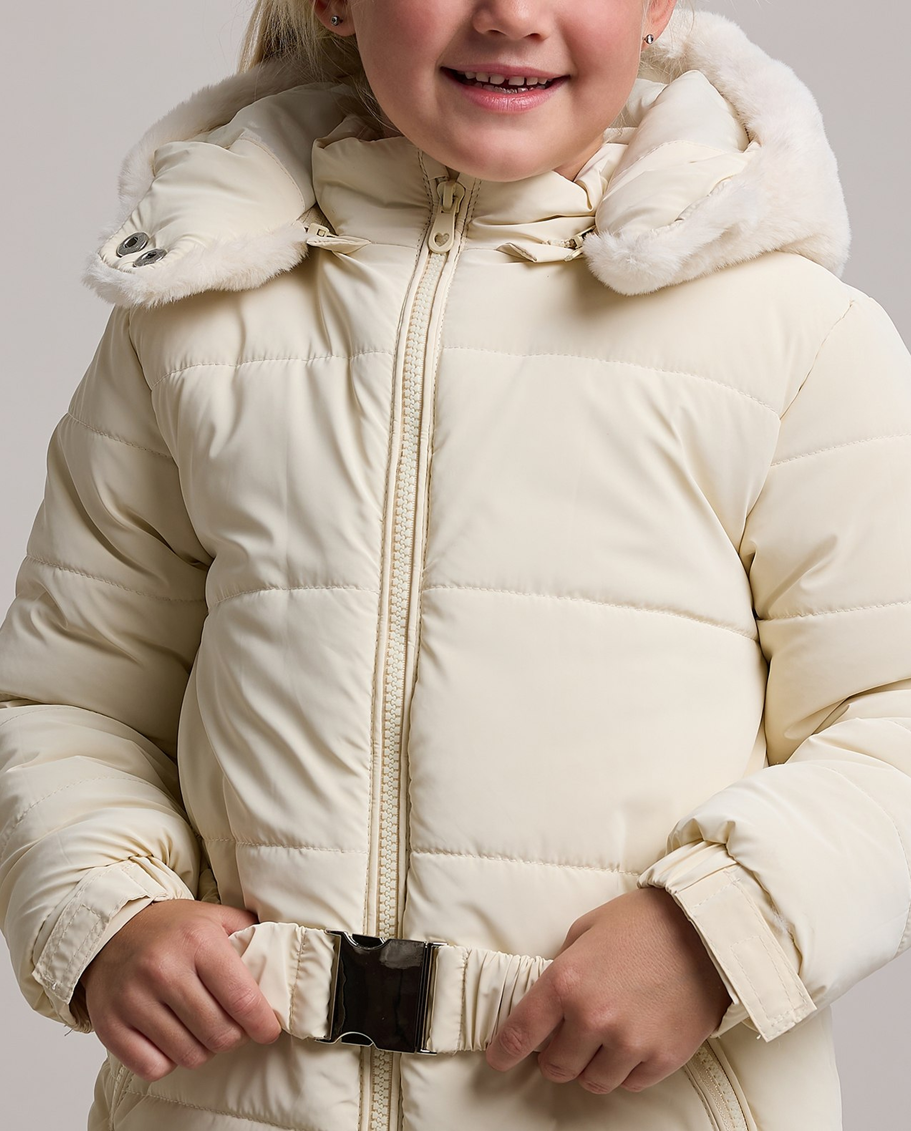 Belt Detail Hooded Puffer Jacket with Long Sleeves