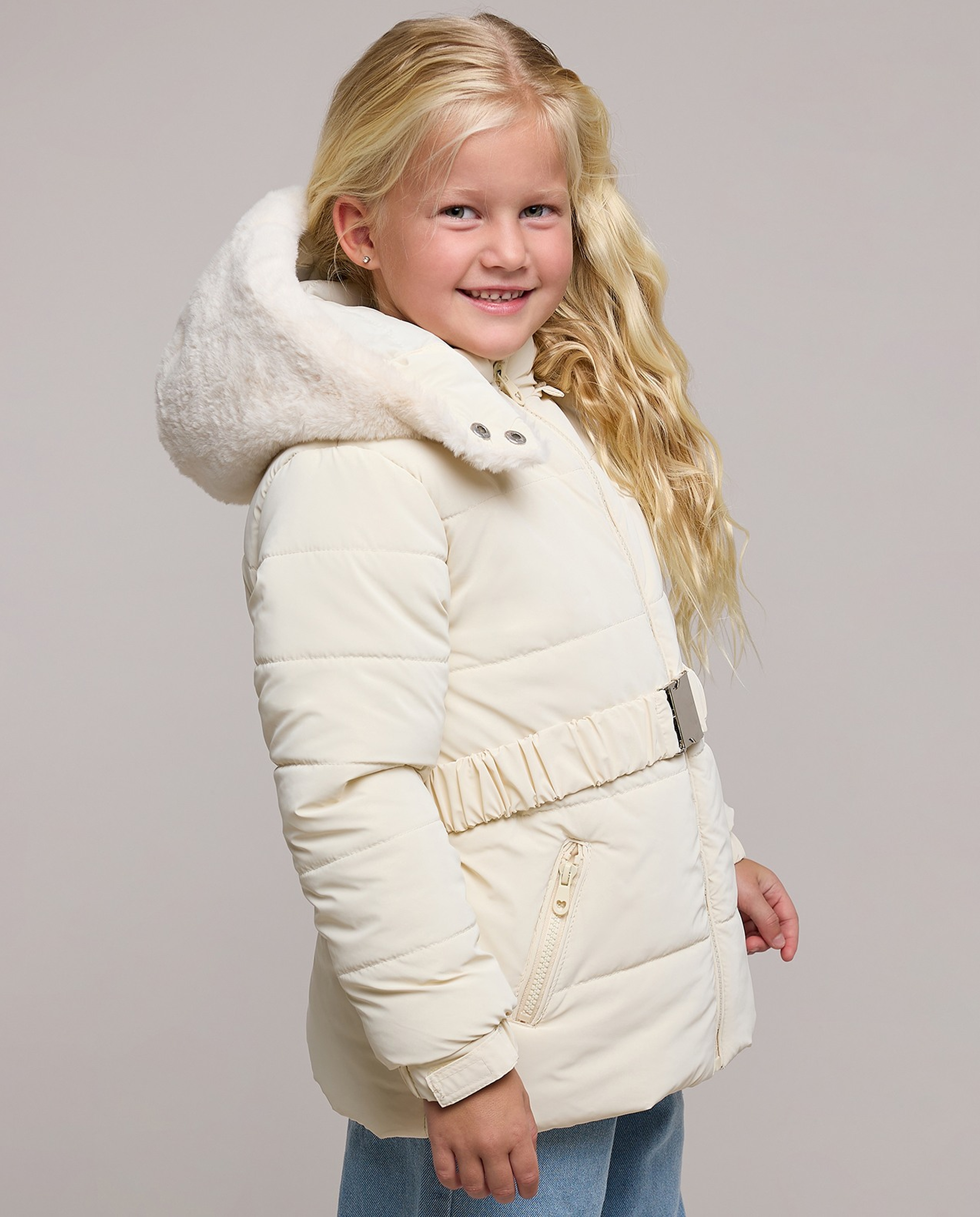 Belt Detail Hooded Puffer Jacket with Long Sleeves