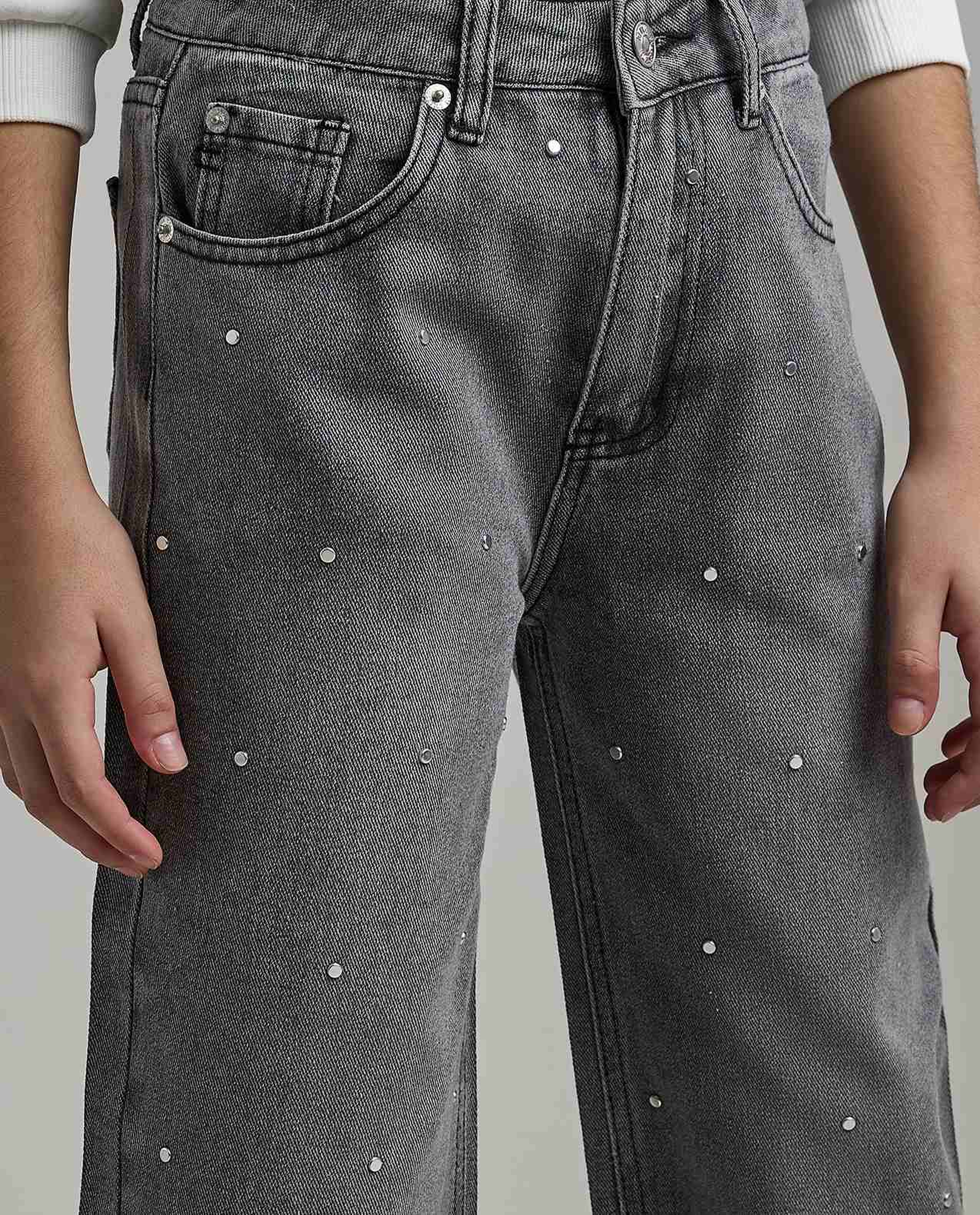 Studded Wide Leg Jeans with Button Closure