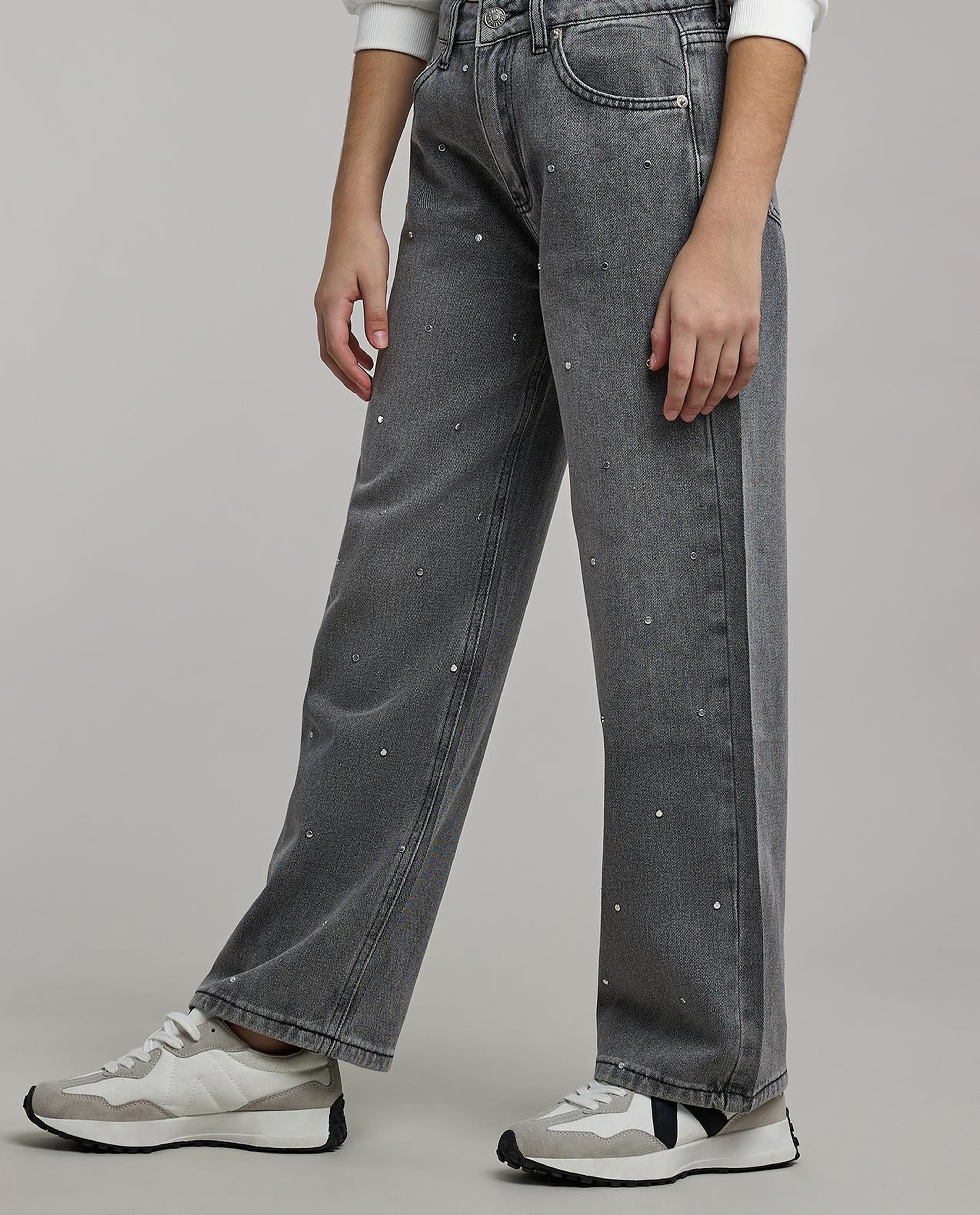 Studded Wide Leg Jeans with Button Closure