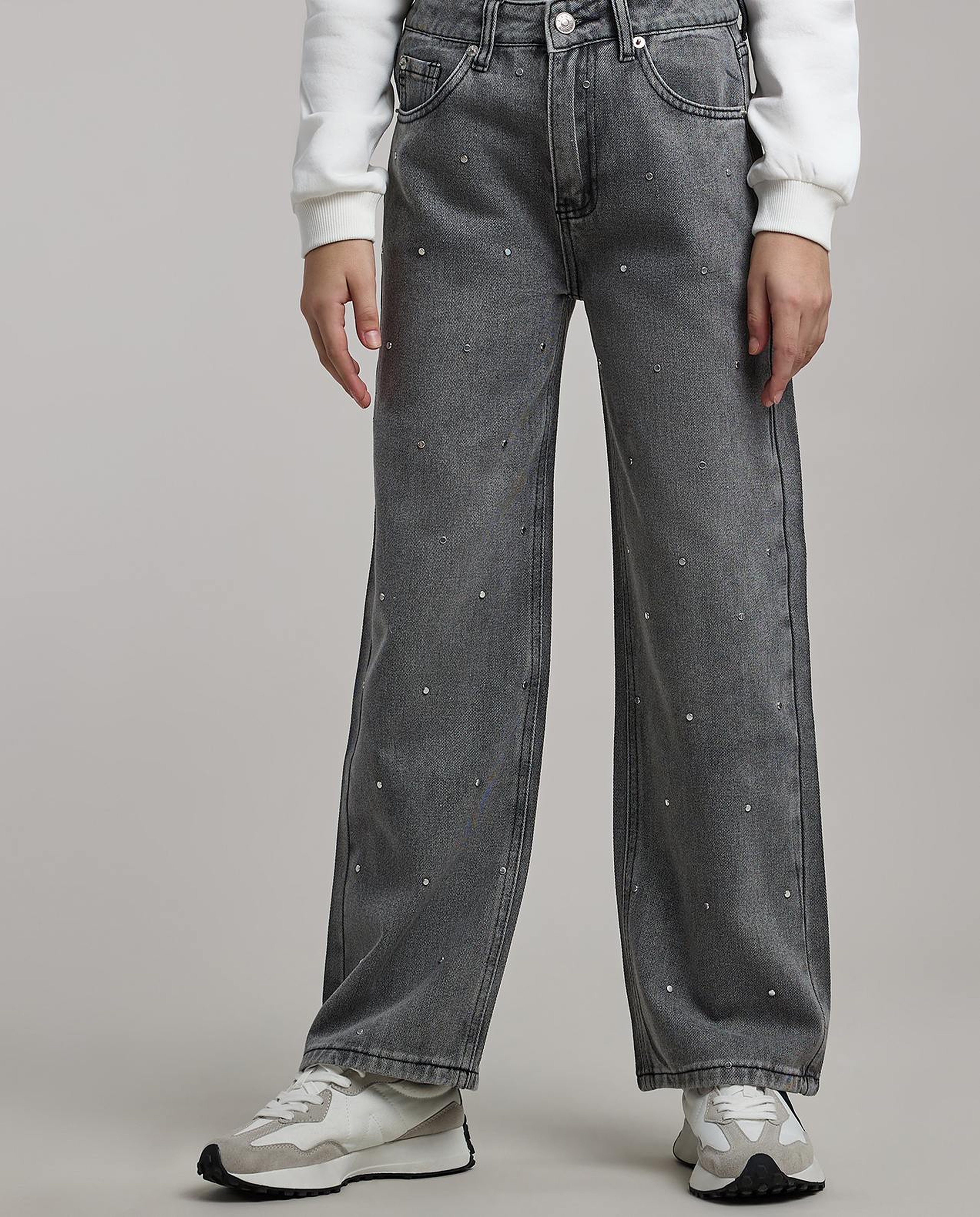 Studded Wide Leg Jeans with Button Closure