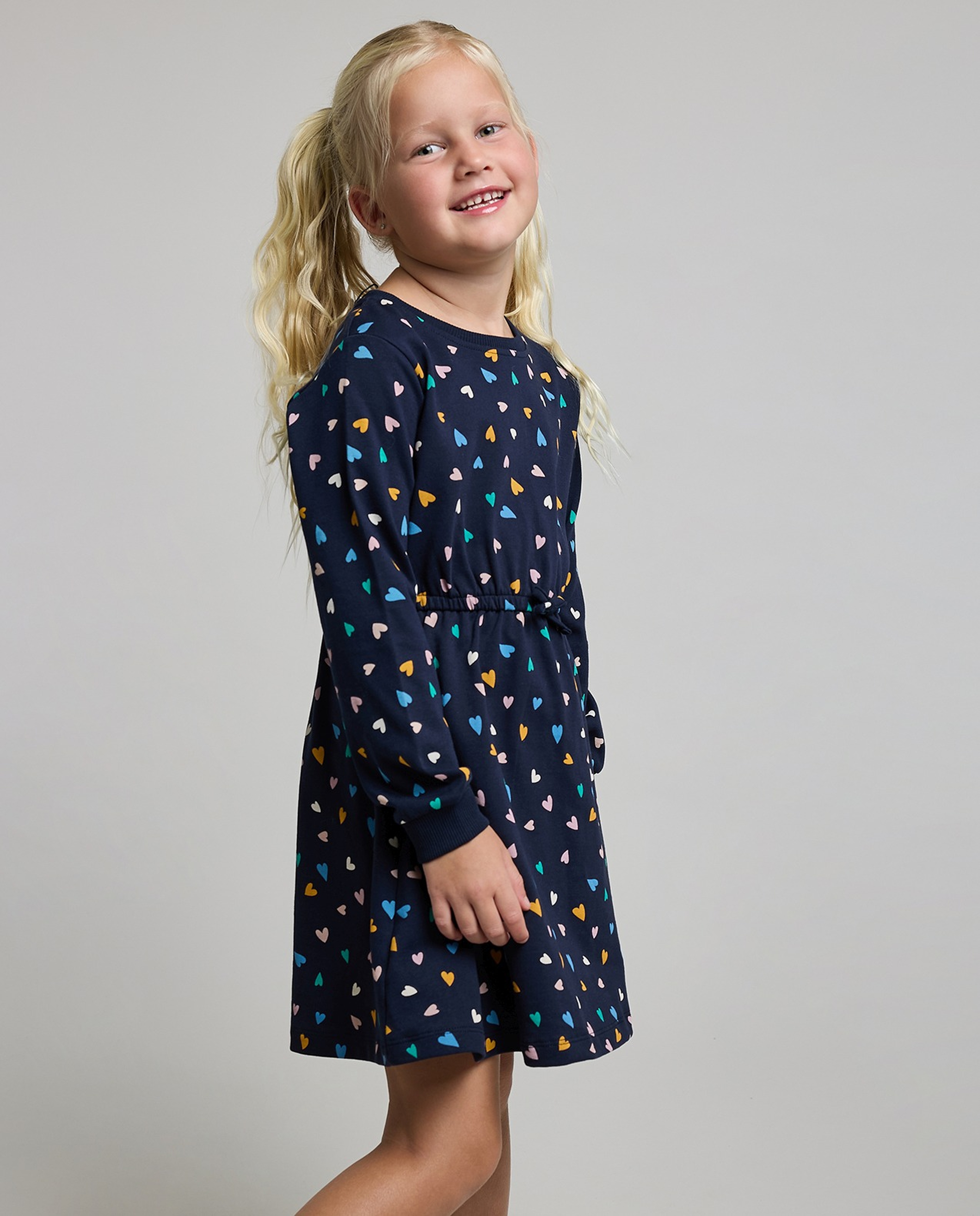 Printed A-Line Dress with Crew Neck and Long Sleeves