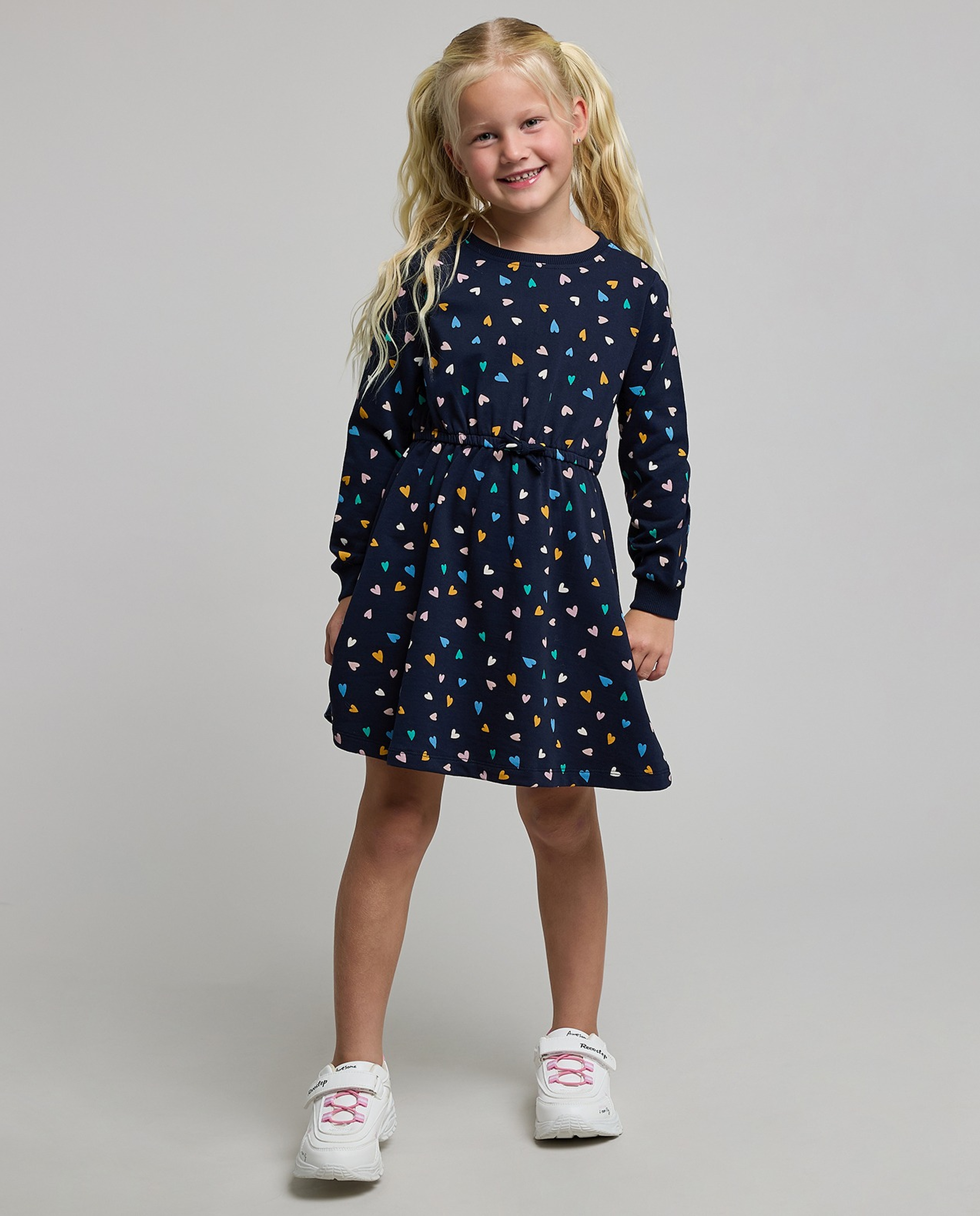 Printed A-Line Dress with Crew Neck and Long Sleeves