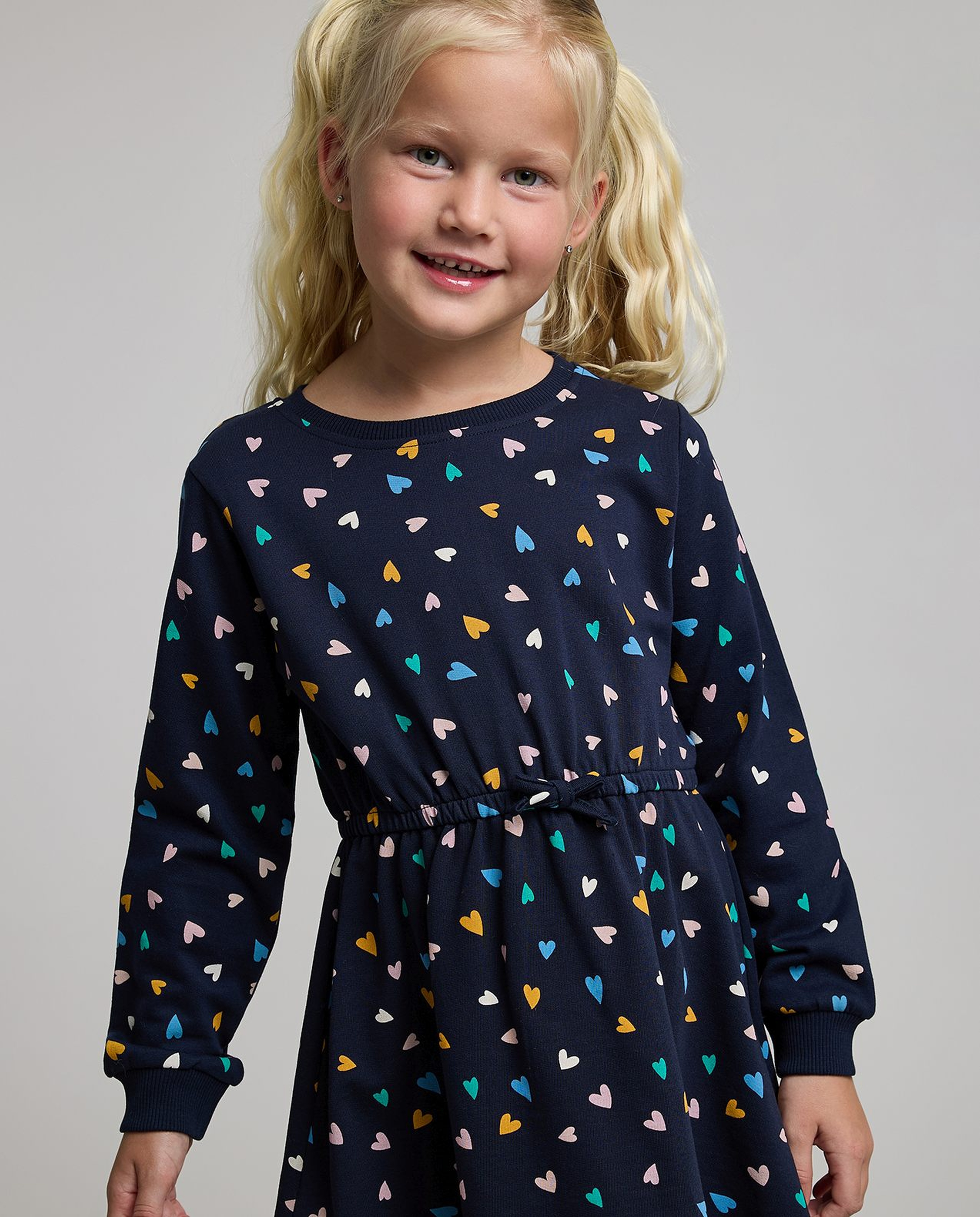 Printed A-Line Dress with Crew Neck and Long Sleeves