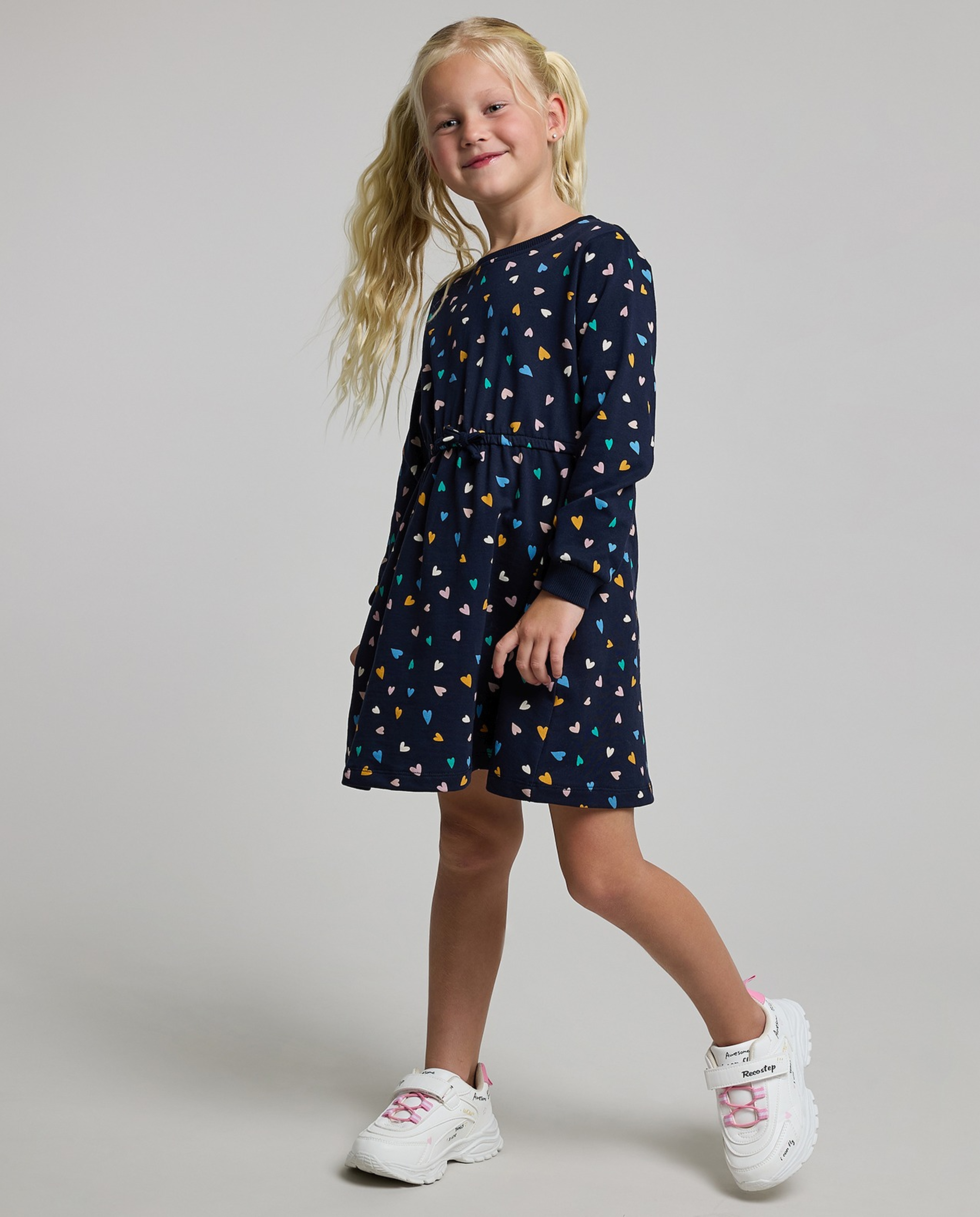 Printed A-Line Dress with Crew Neck and Long Sleeves