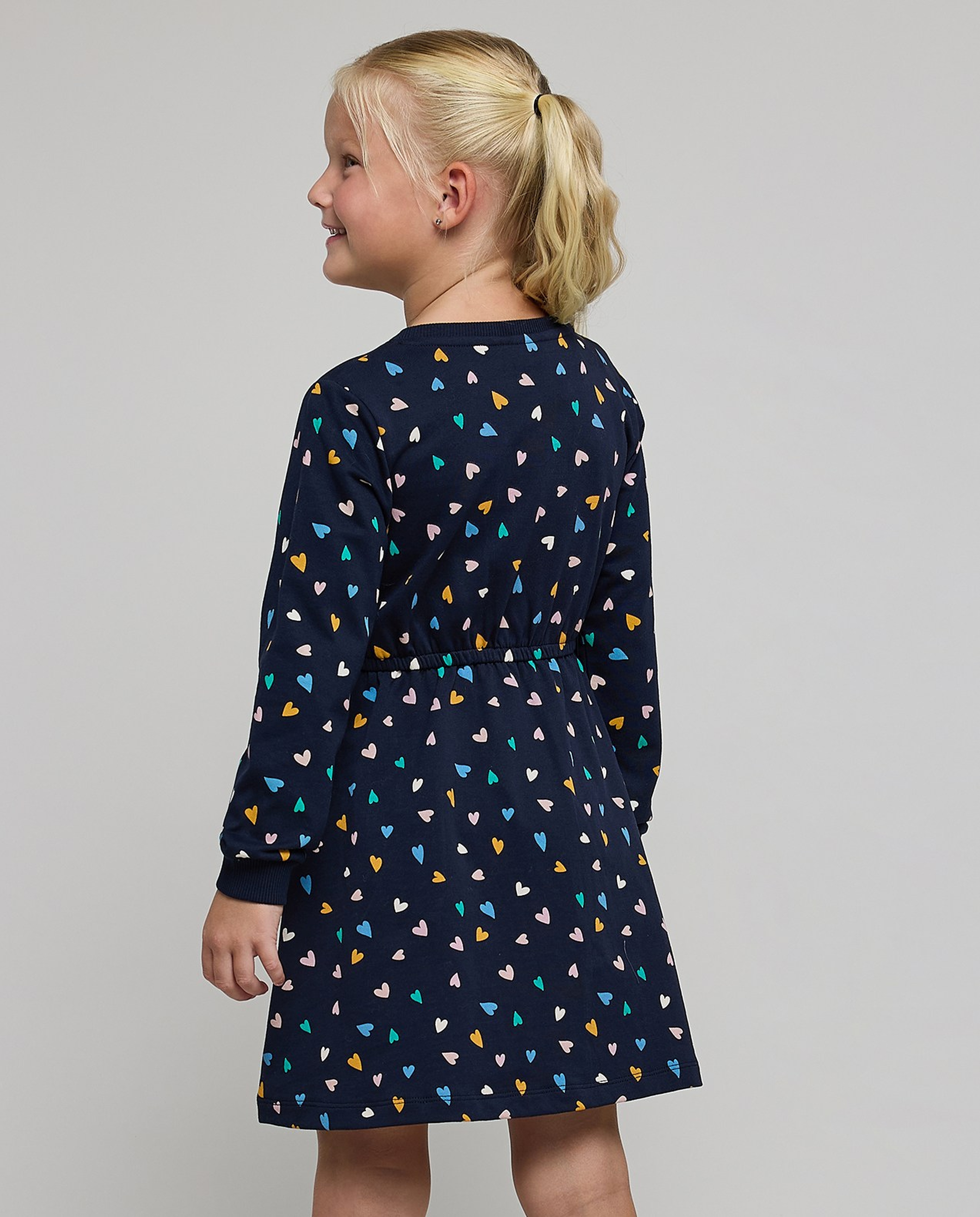 Printed A-Line Dress with Crew Neck and Long Sleeves