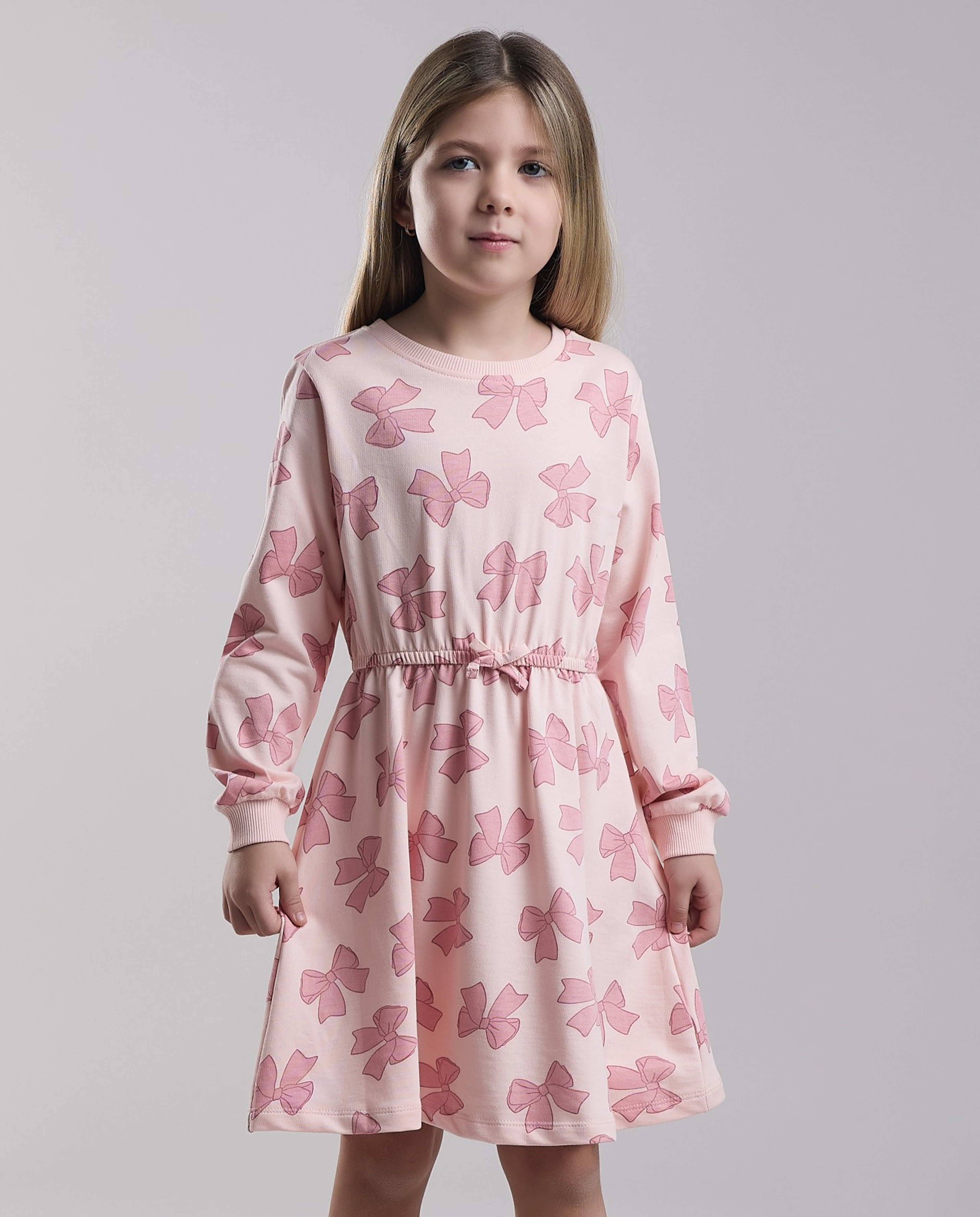 Printed Fit & Flare Dress with Crew Neck and Long Sleeves