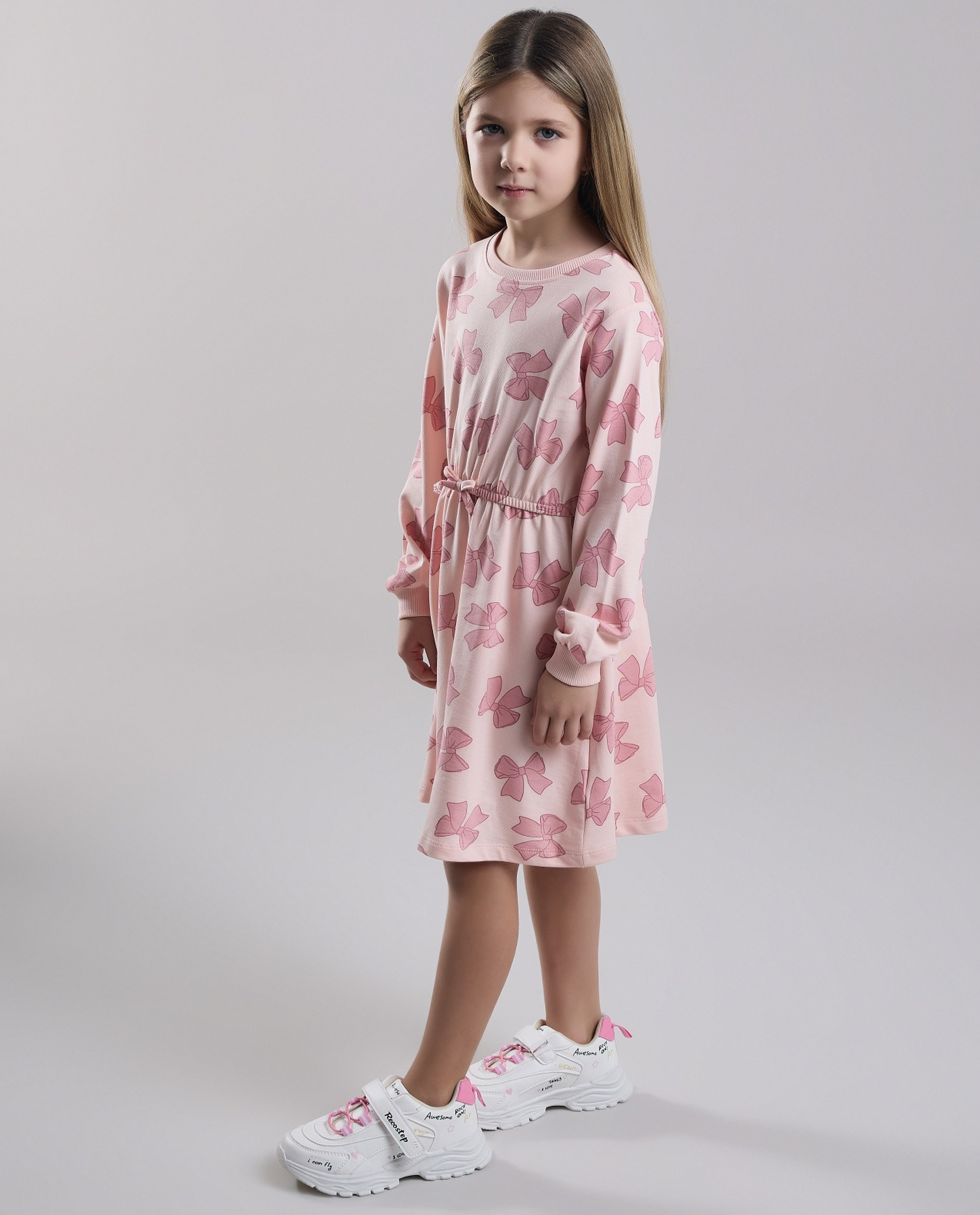 Printed Fit & Flare Dress with Crew Neck and Long Sleeves