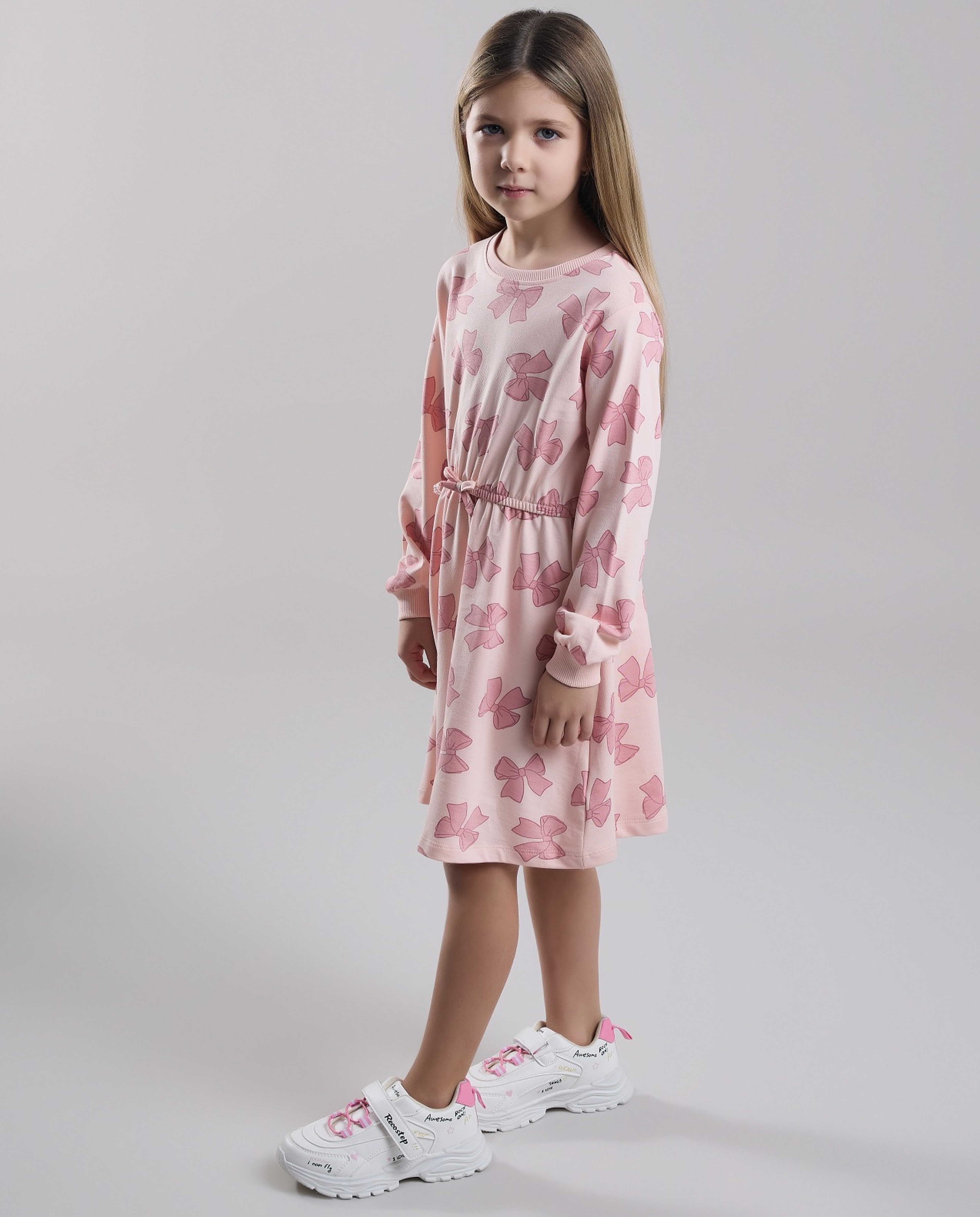 Printed Fit & Flare Dress with Crew Neck and Long Sleeves