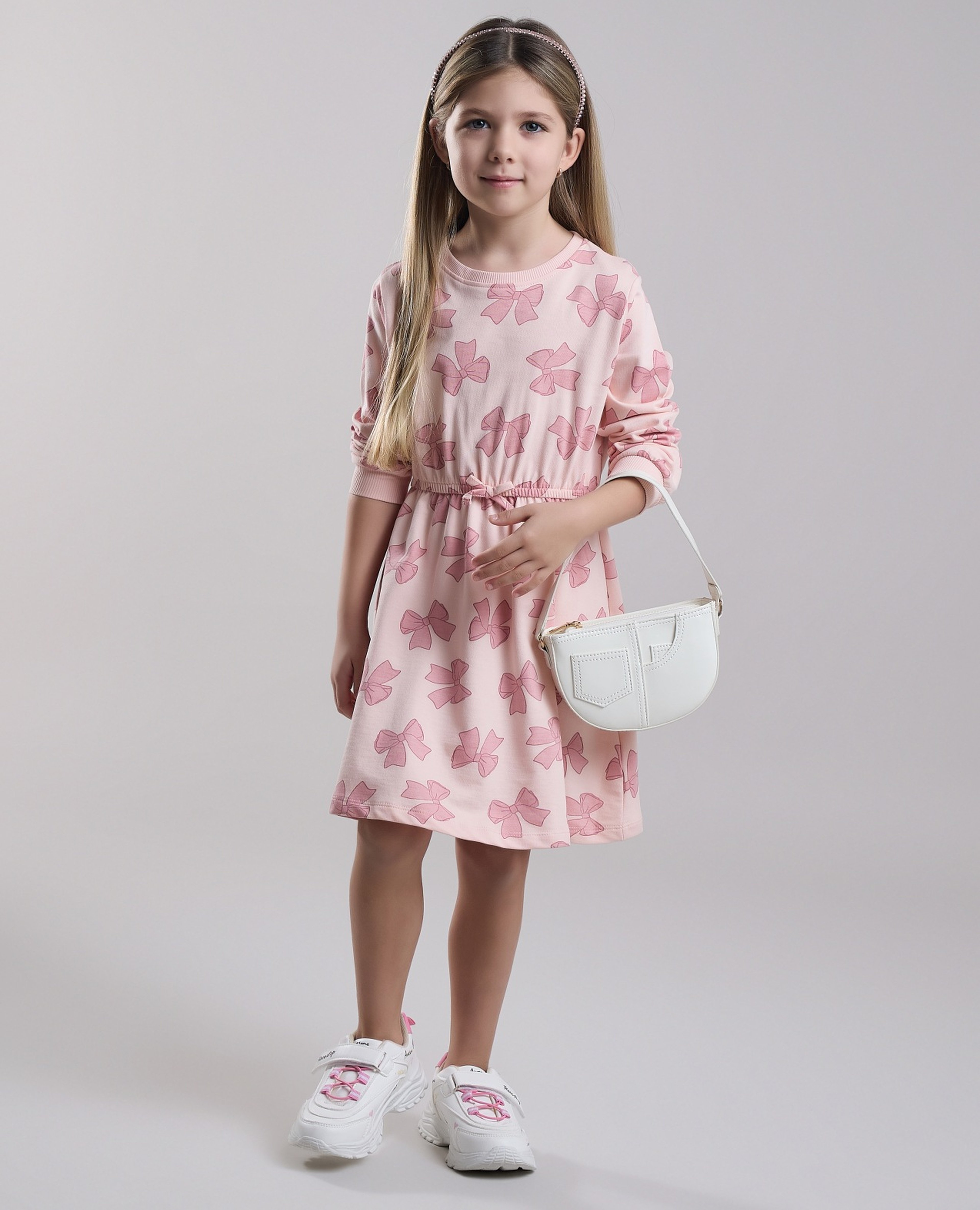 Printed Fit & Flare Dress with Crew Neck and Long Sleeves