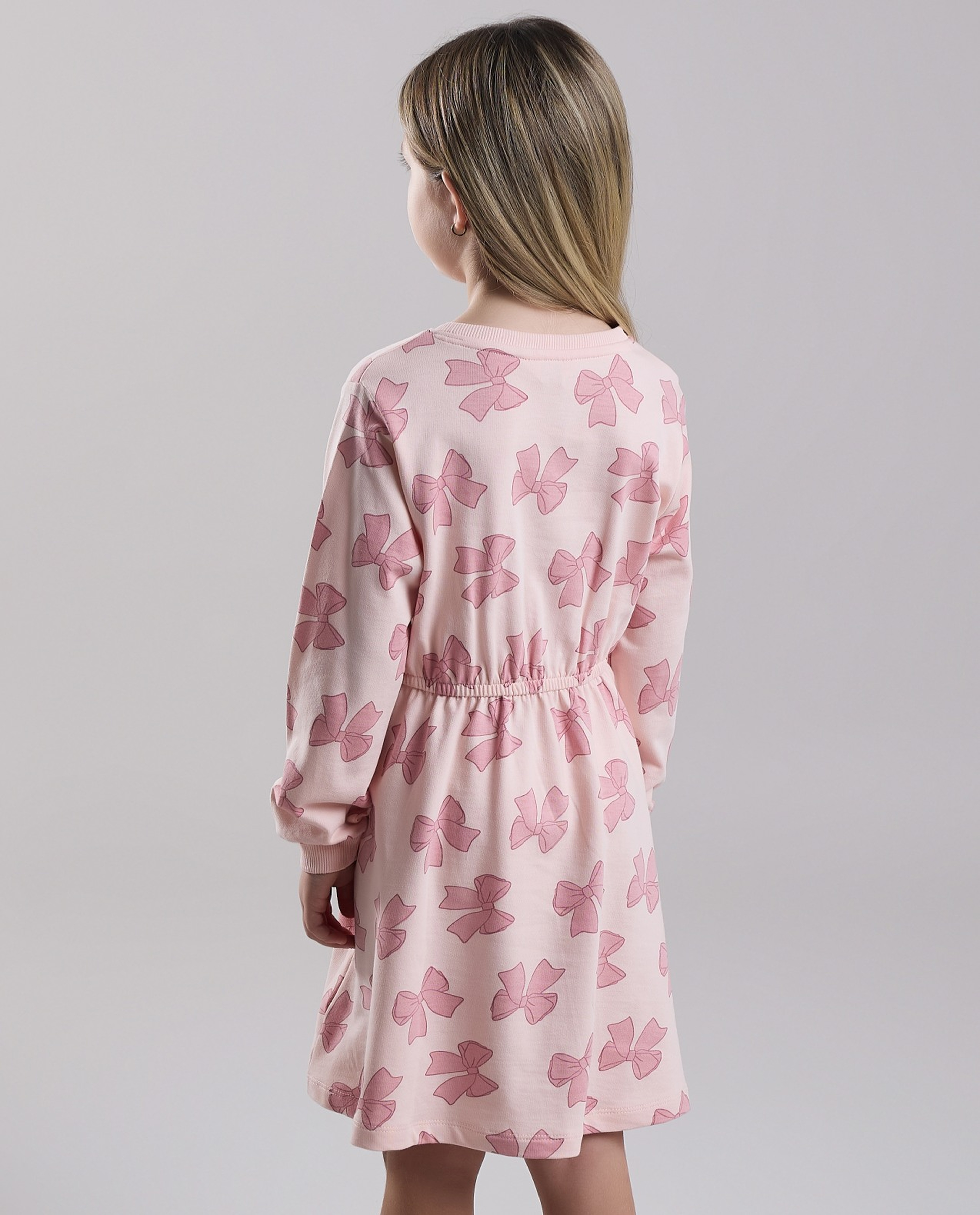 Printed Fit & Flare Dress with Crew Neck and Long Sleeves