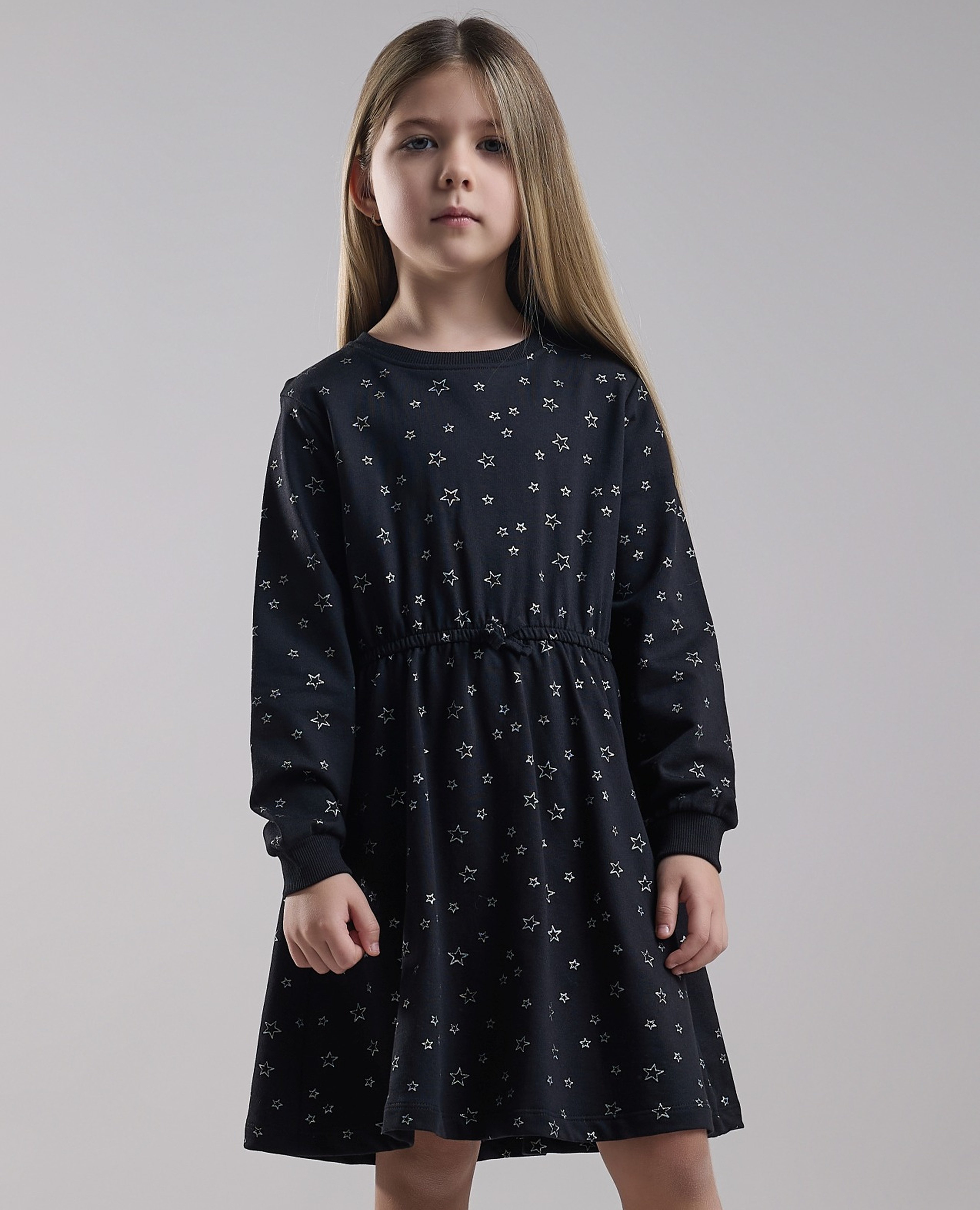 Printed Fit & Flare Dress with Crew Neck and Long Sleeves