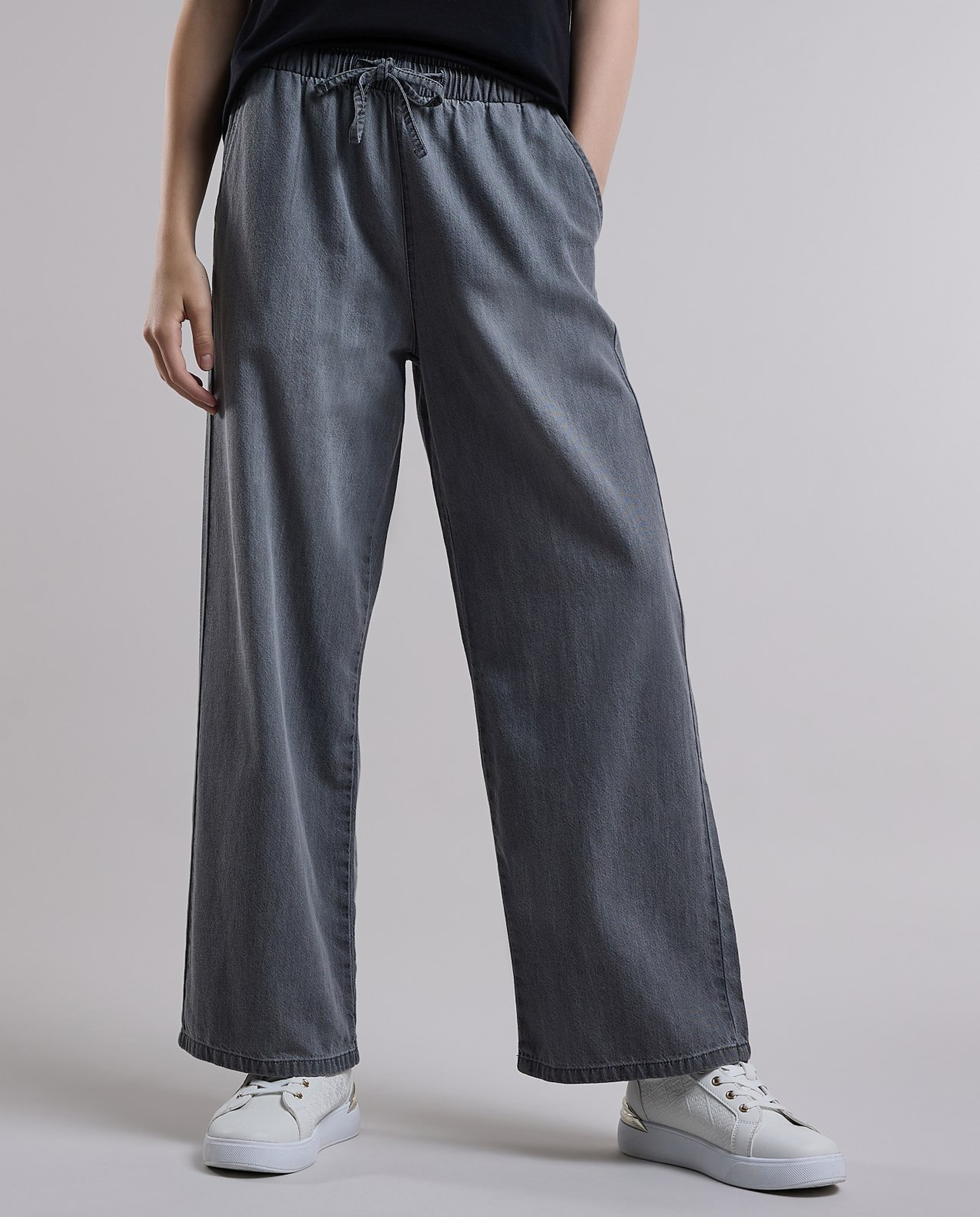 Washed Wide Leg Jeans with Button Closure