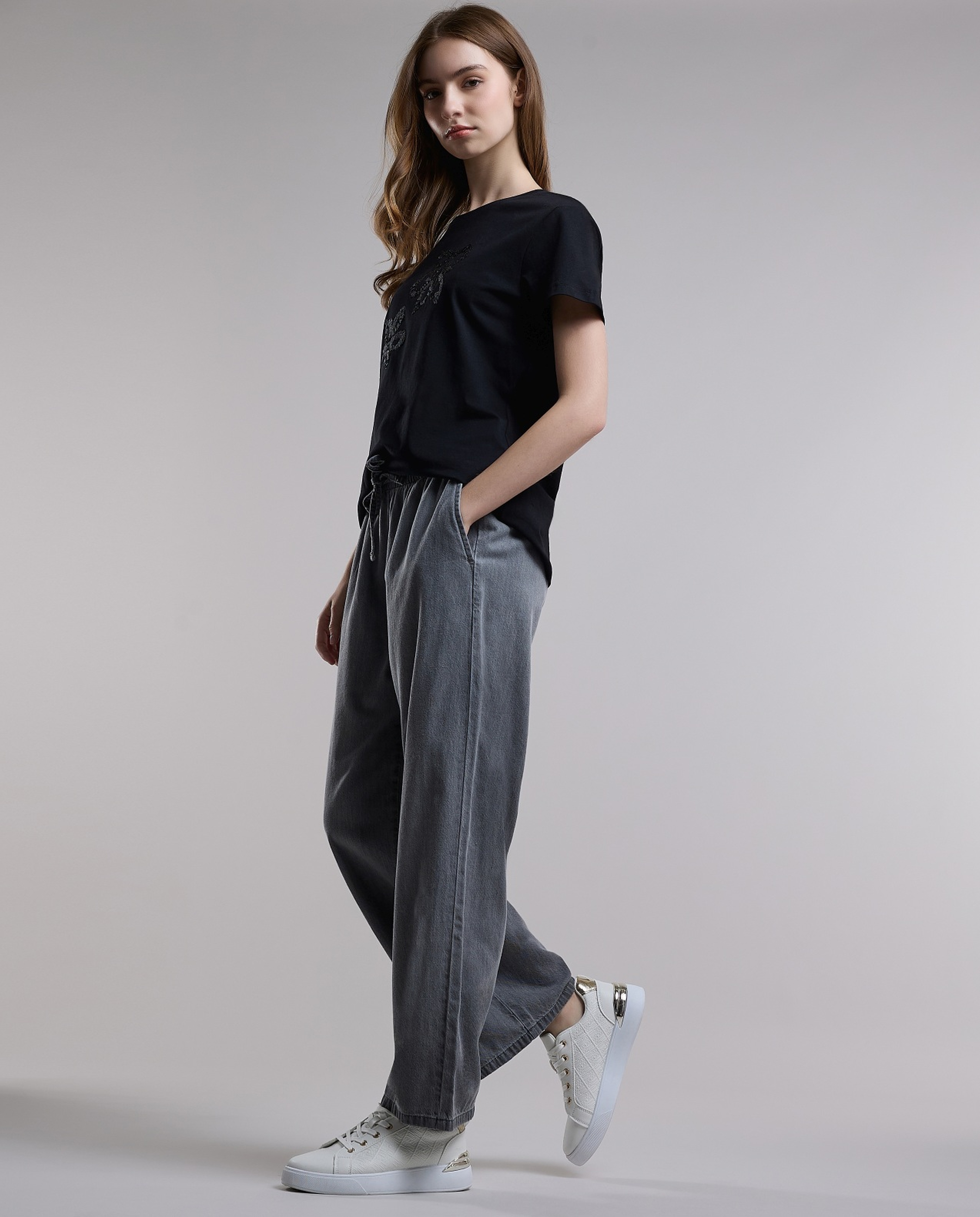 Washed Wide Leg Jeans with Button Closure