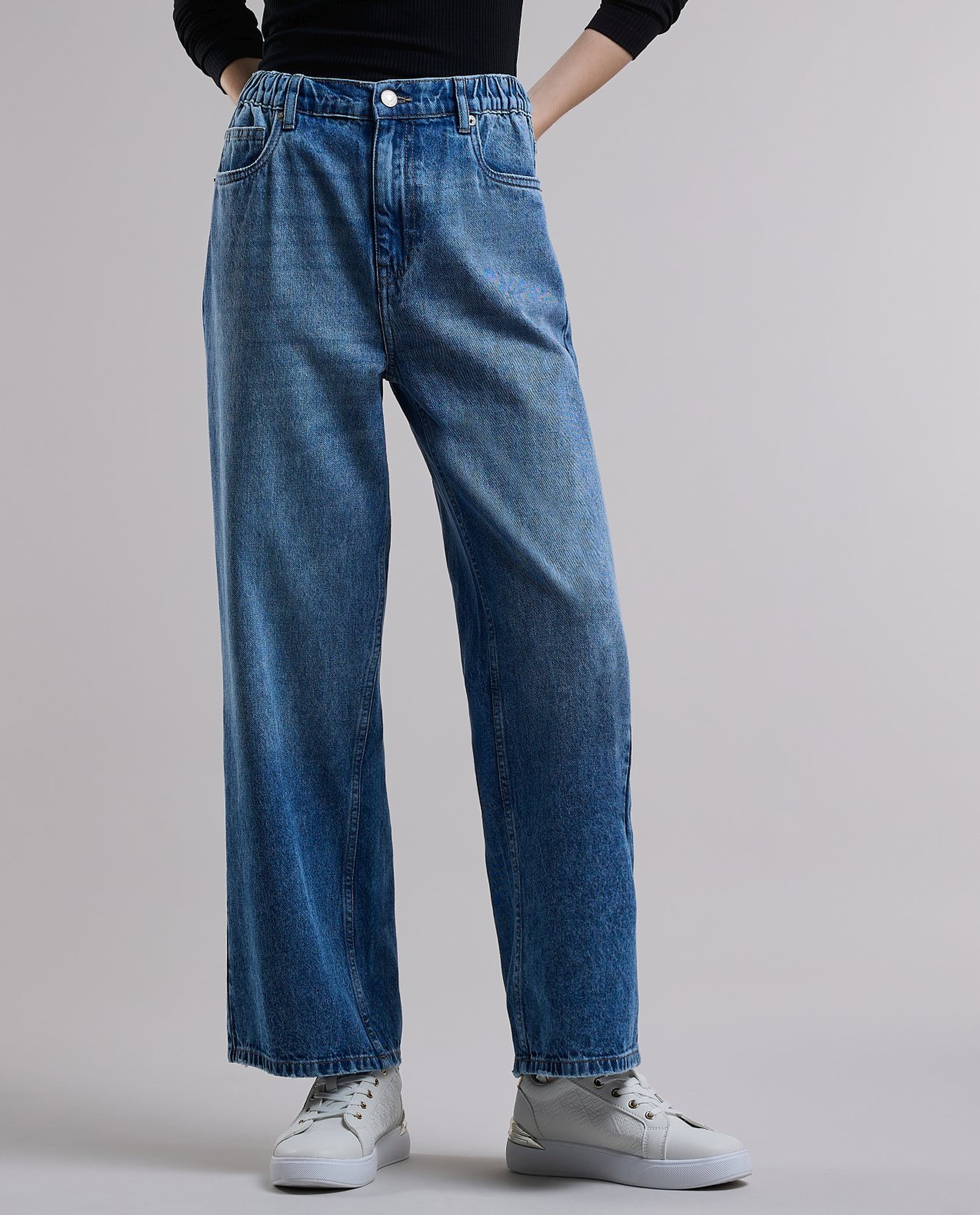 Washed Wide Leg Jeans with Button Closure