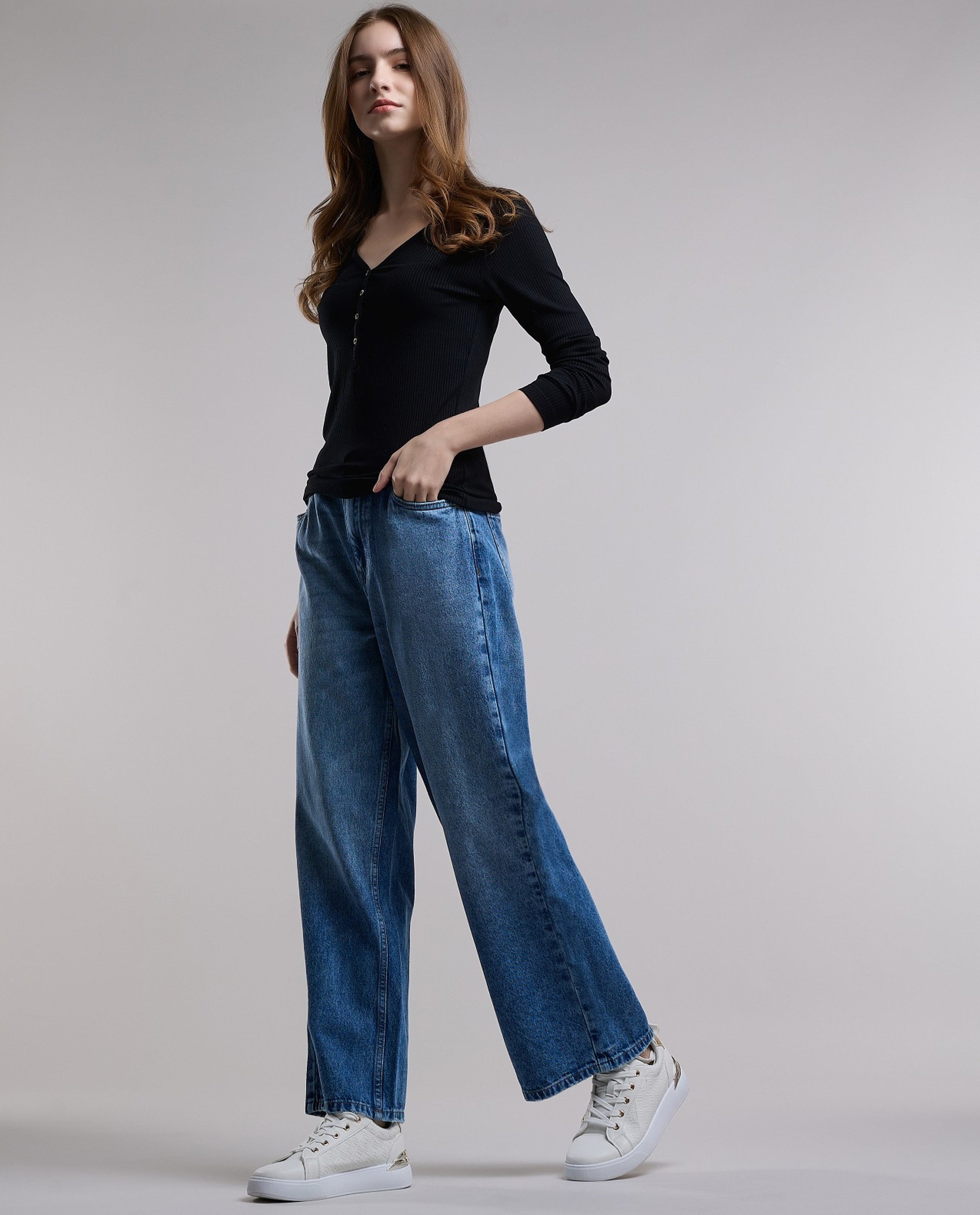 Washed Wide Leg Jeans with Button Closure