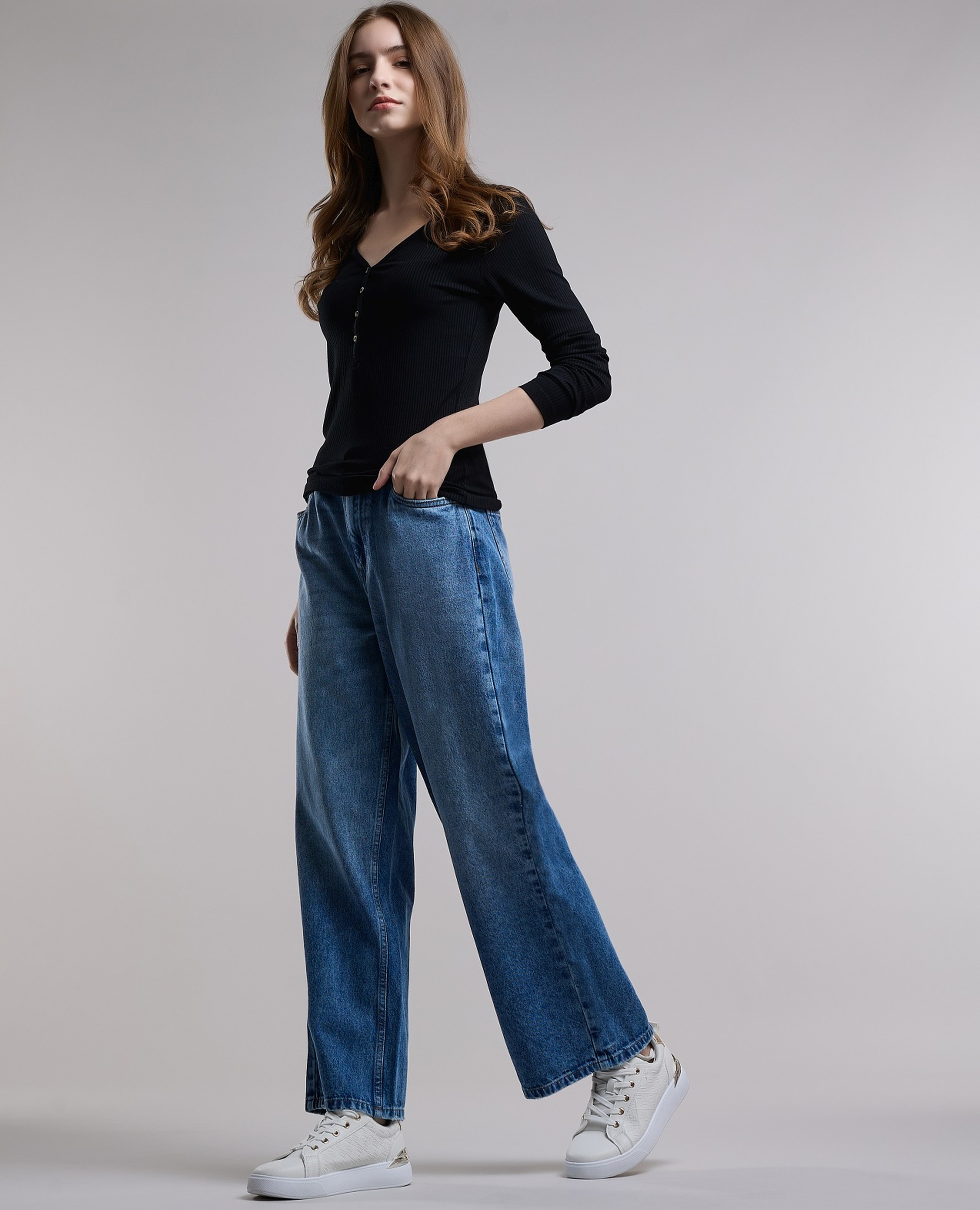 Washed Wide Leg Jeans with Button Closure