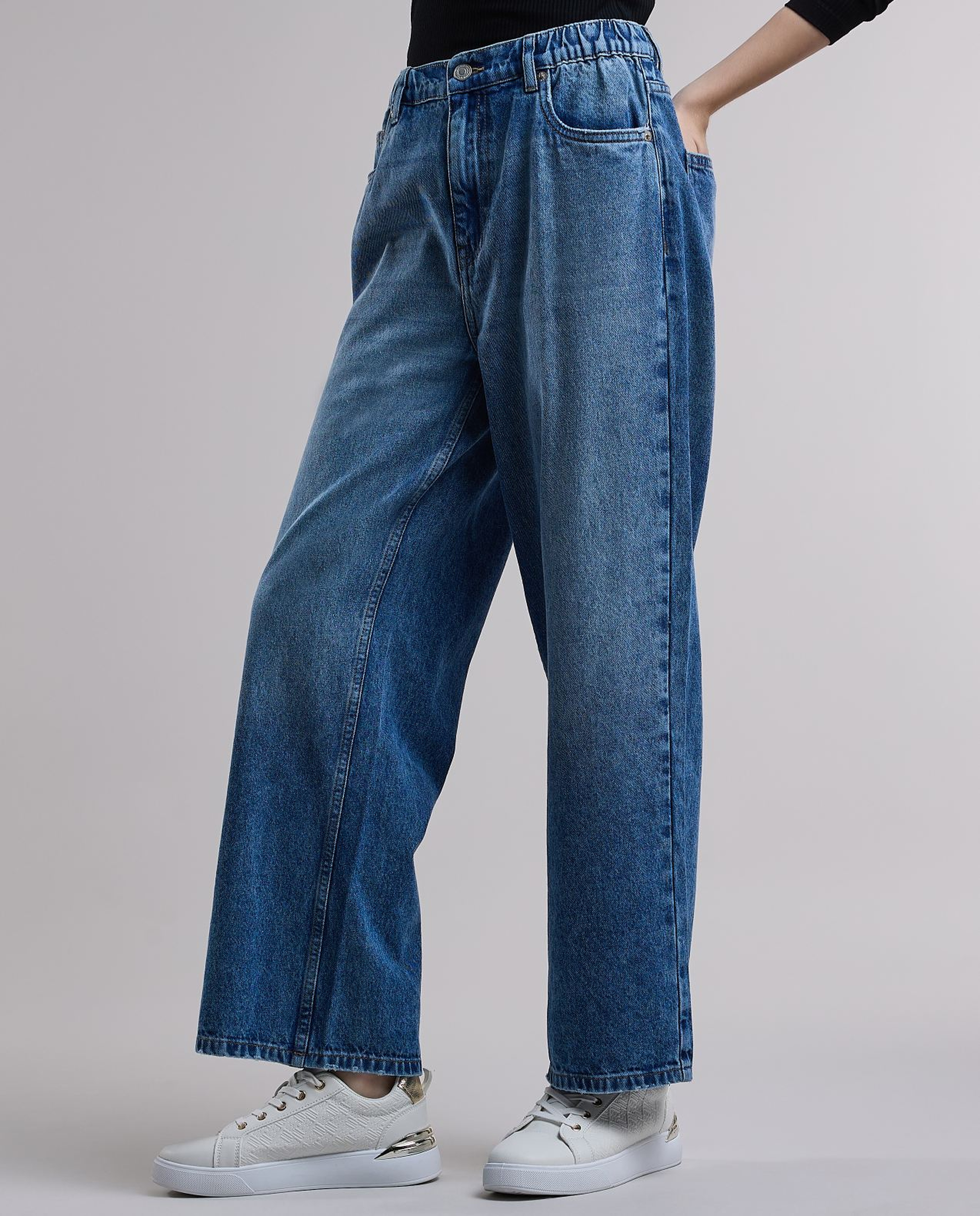 Washed Wide Leg Jeans with Button Closure
