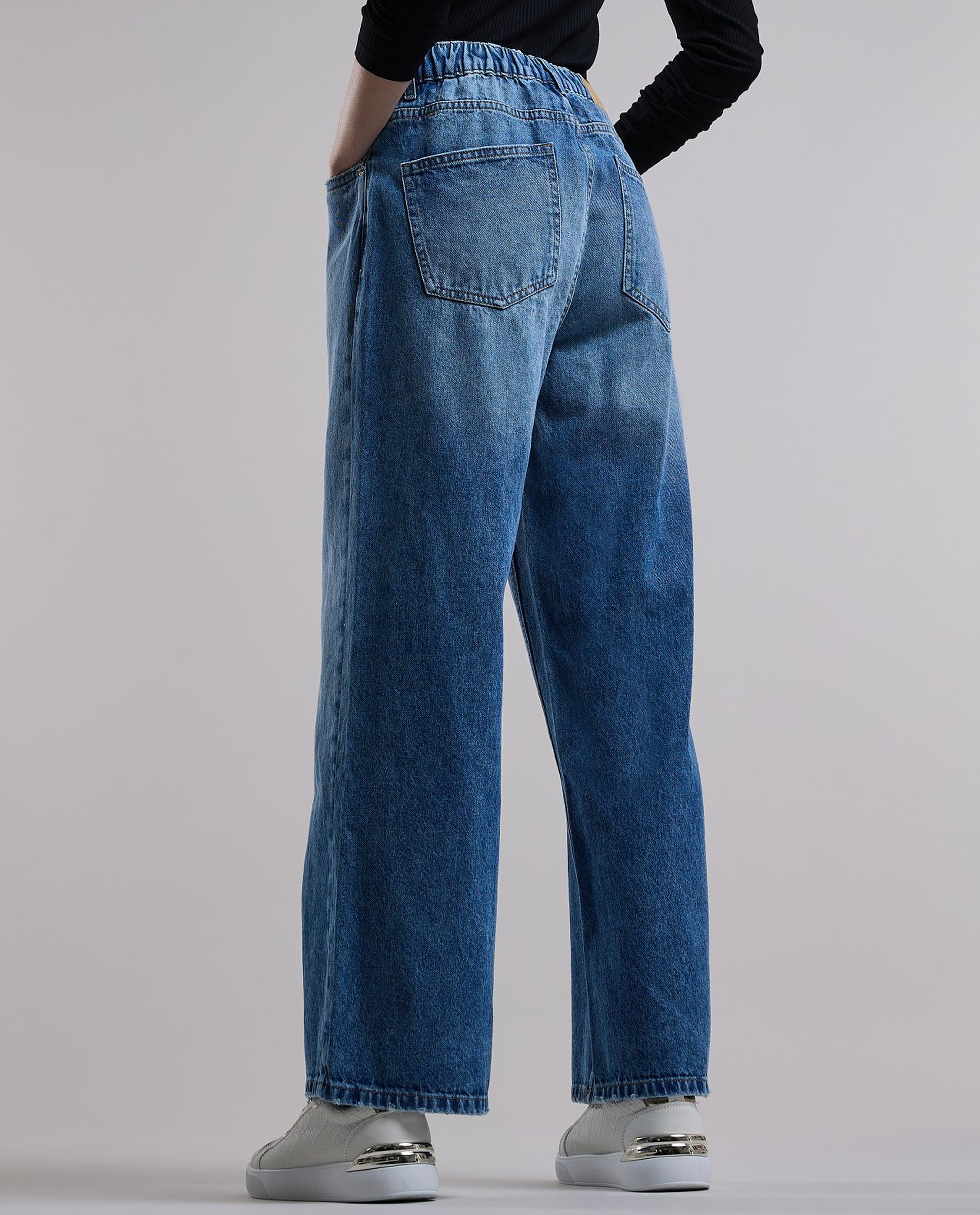Washed Wide Leg Jeans with Button Closure