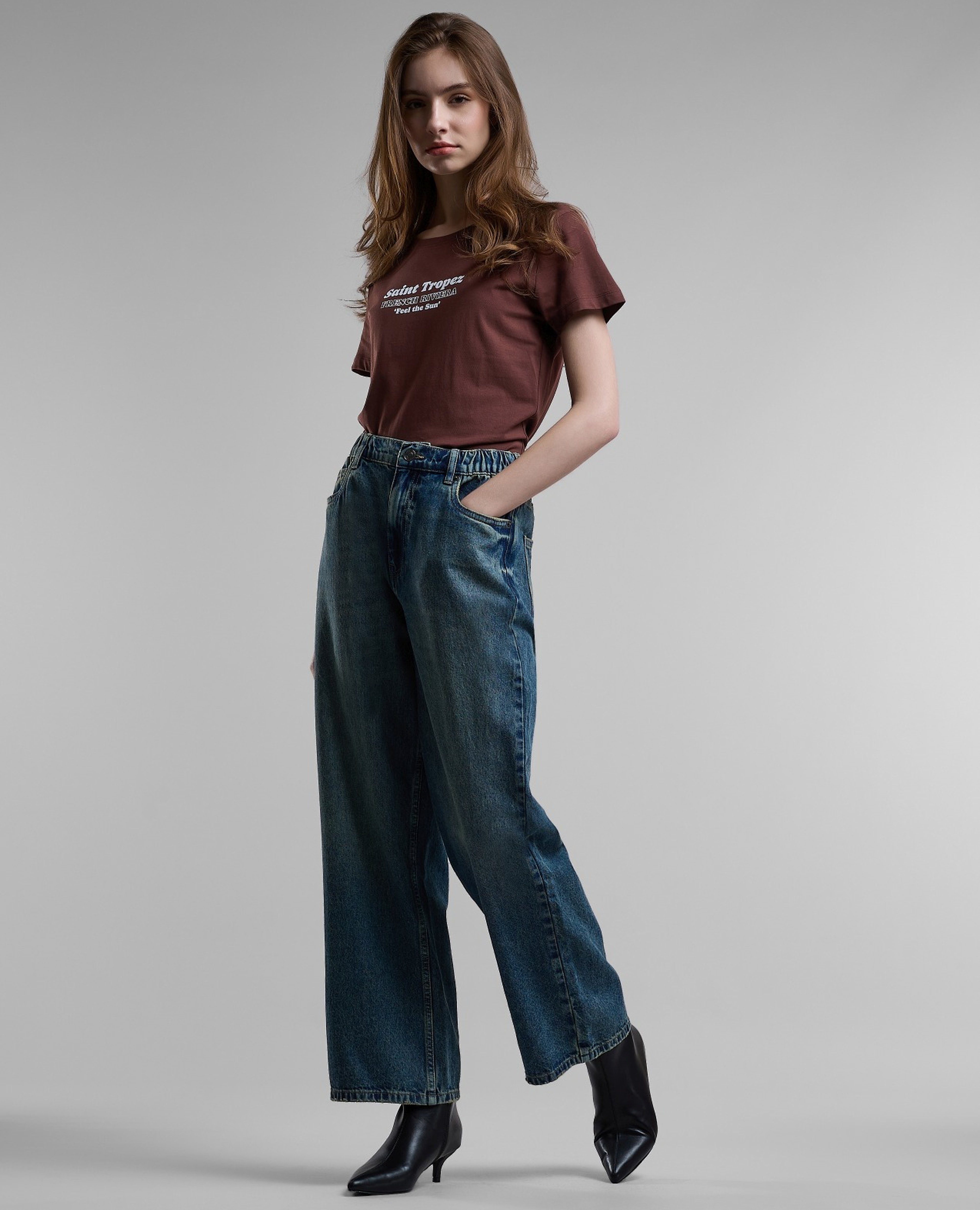 Washed Wide Leg Jeans with Button Closure