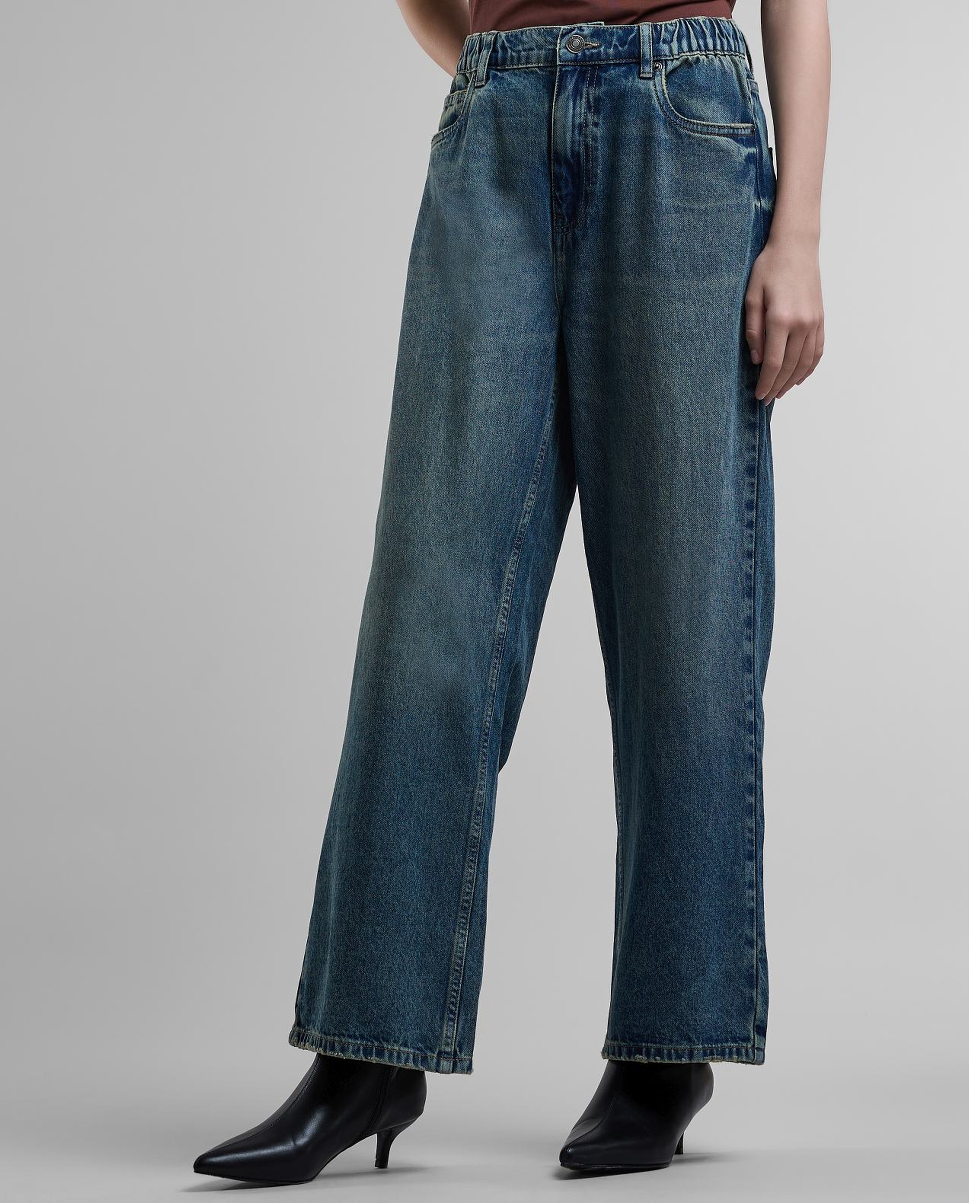 Washed Wide Leg Jeans with Button Closure
