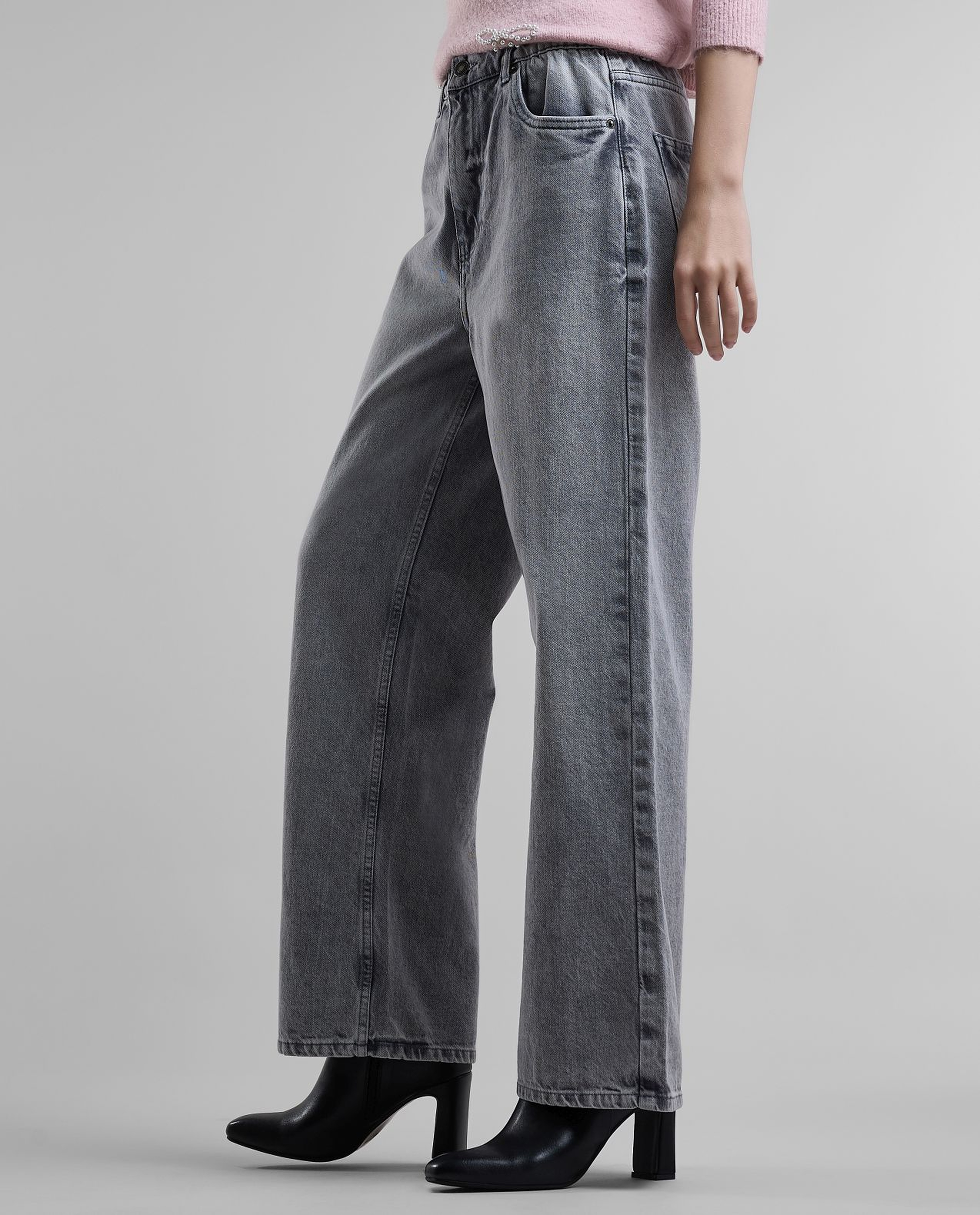 Washed Wide Leg Jeans with Button Closure