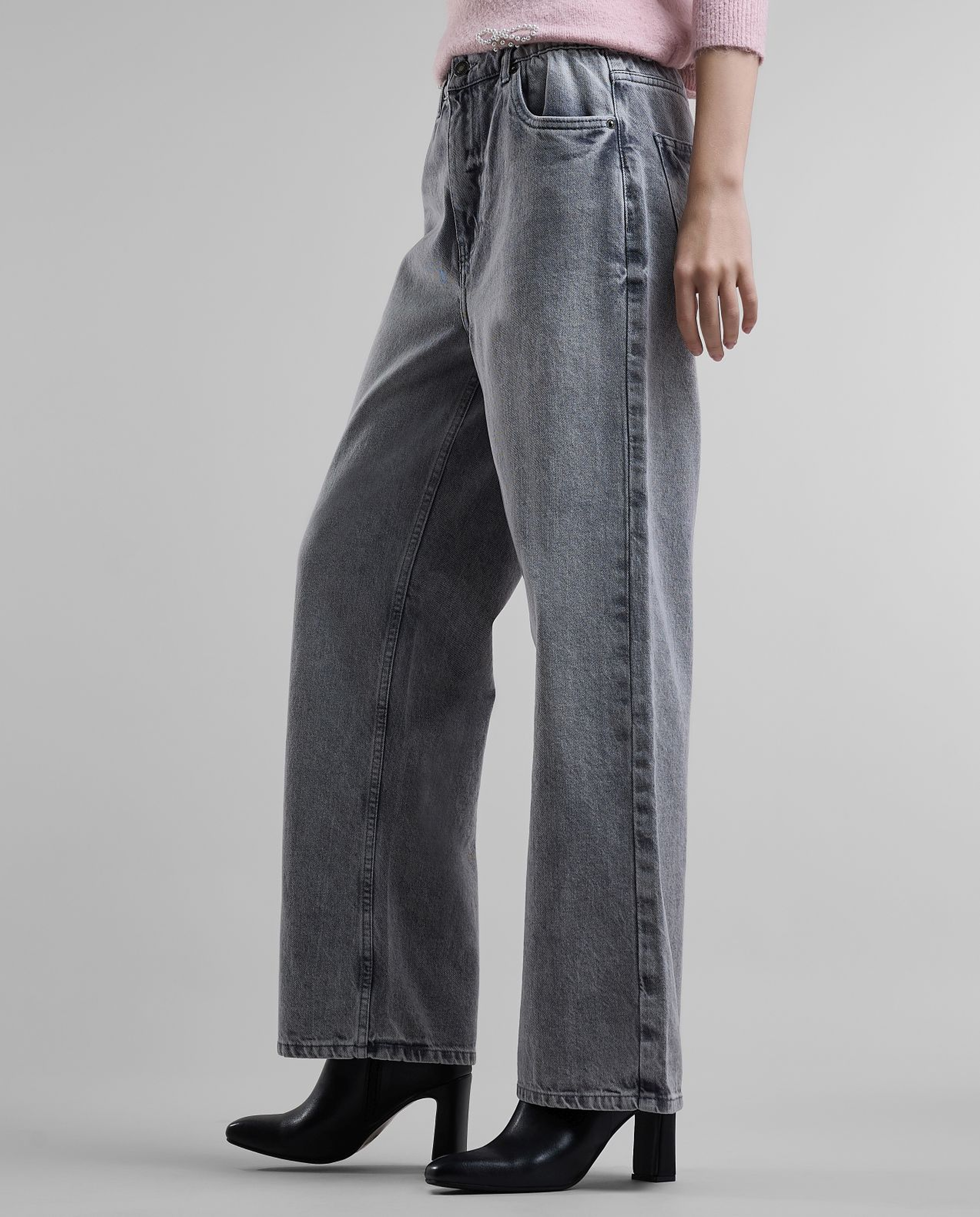 Washed Wide Leg Jeans with Button Closure