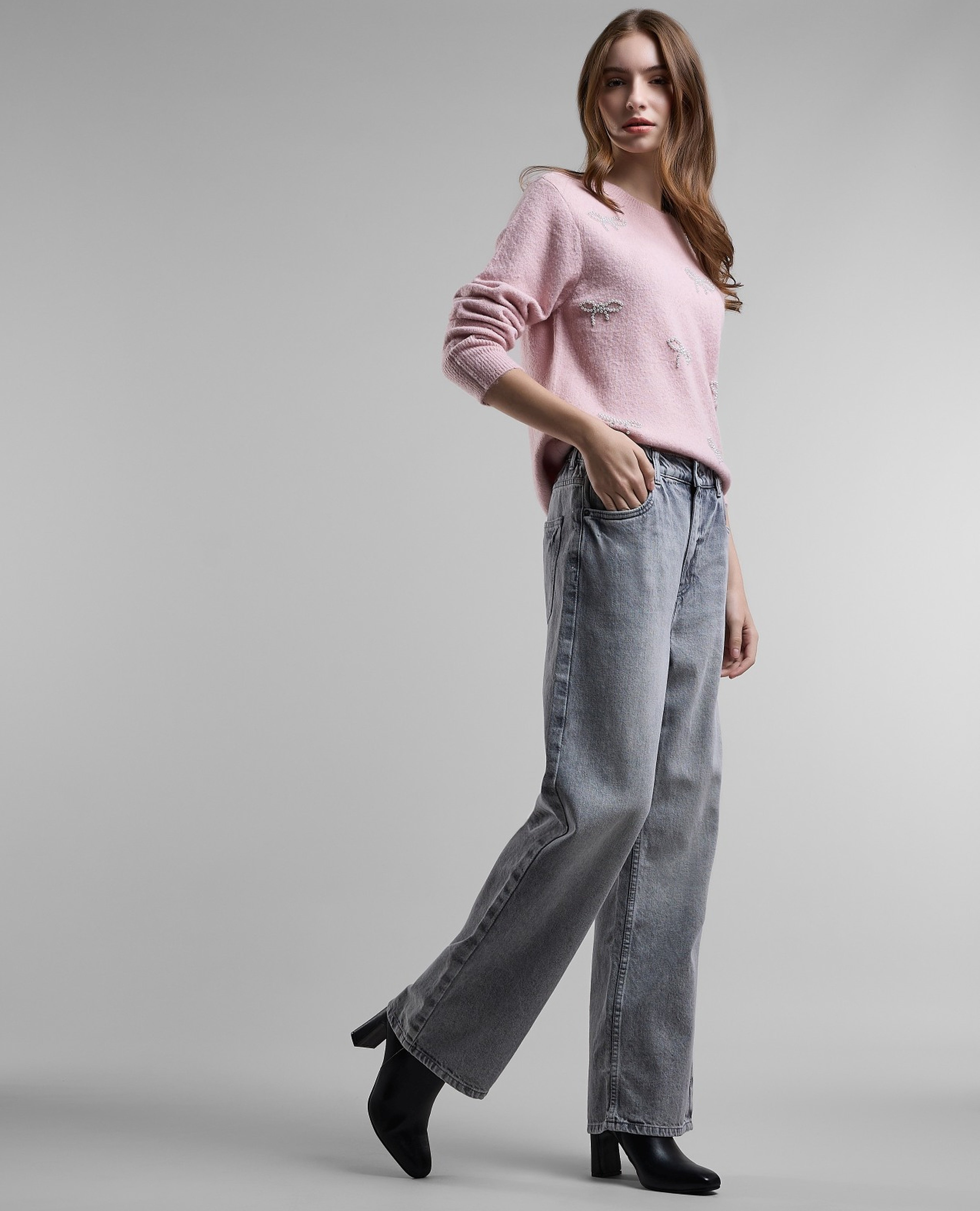 Washed Wide Leg Jeans with Button Closure