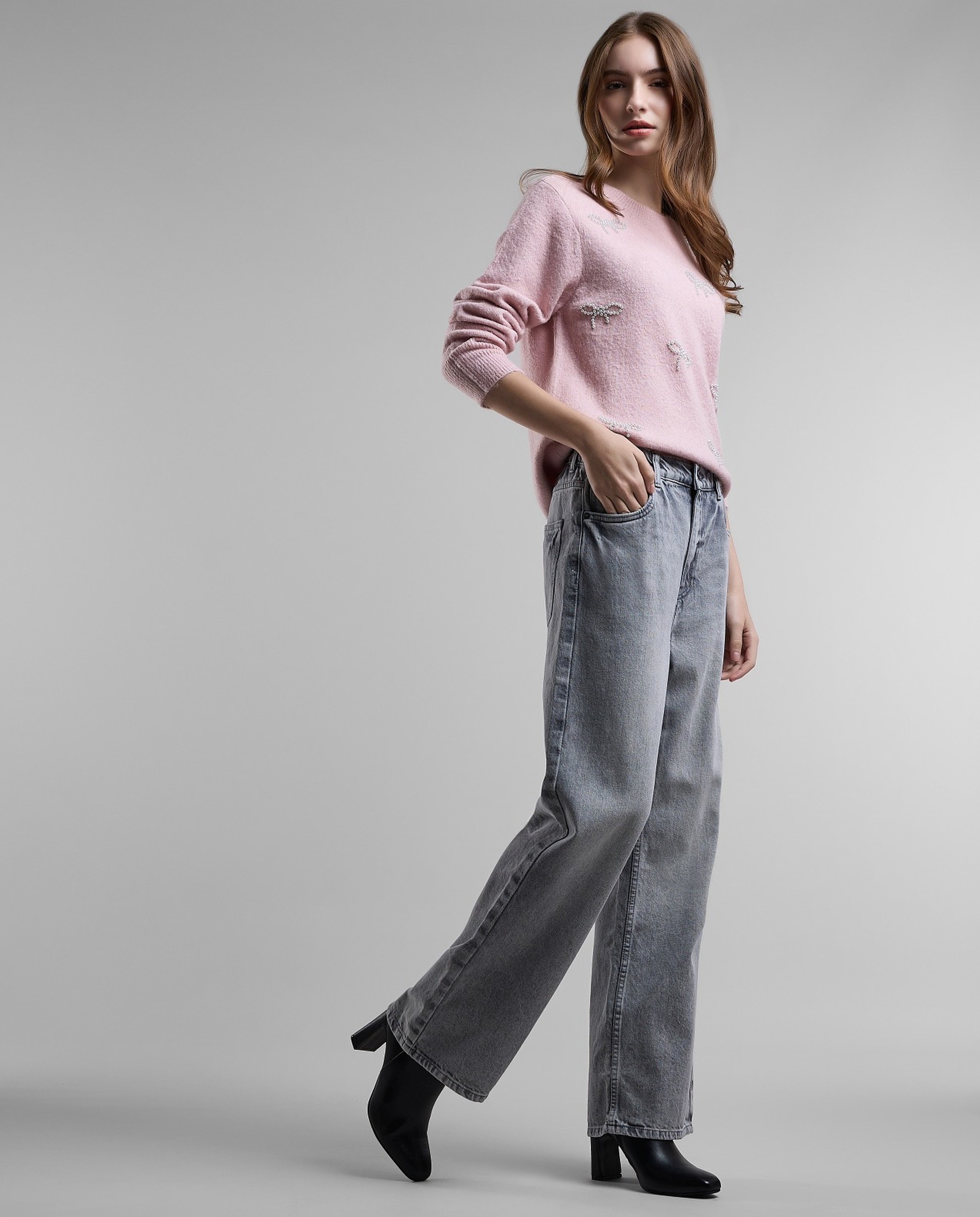 Washed Wide Leg Jeans with Button Closure