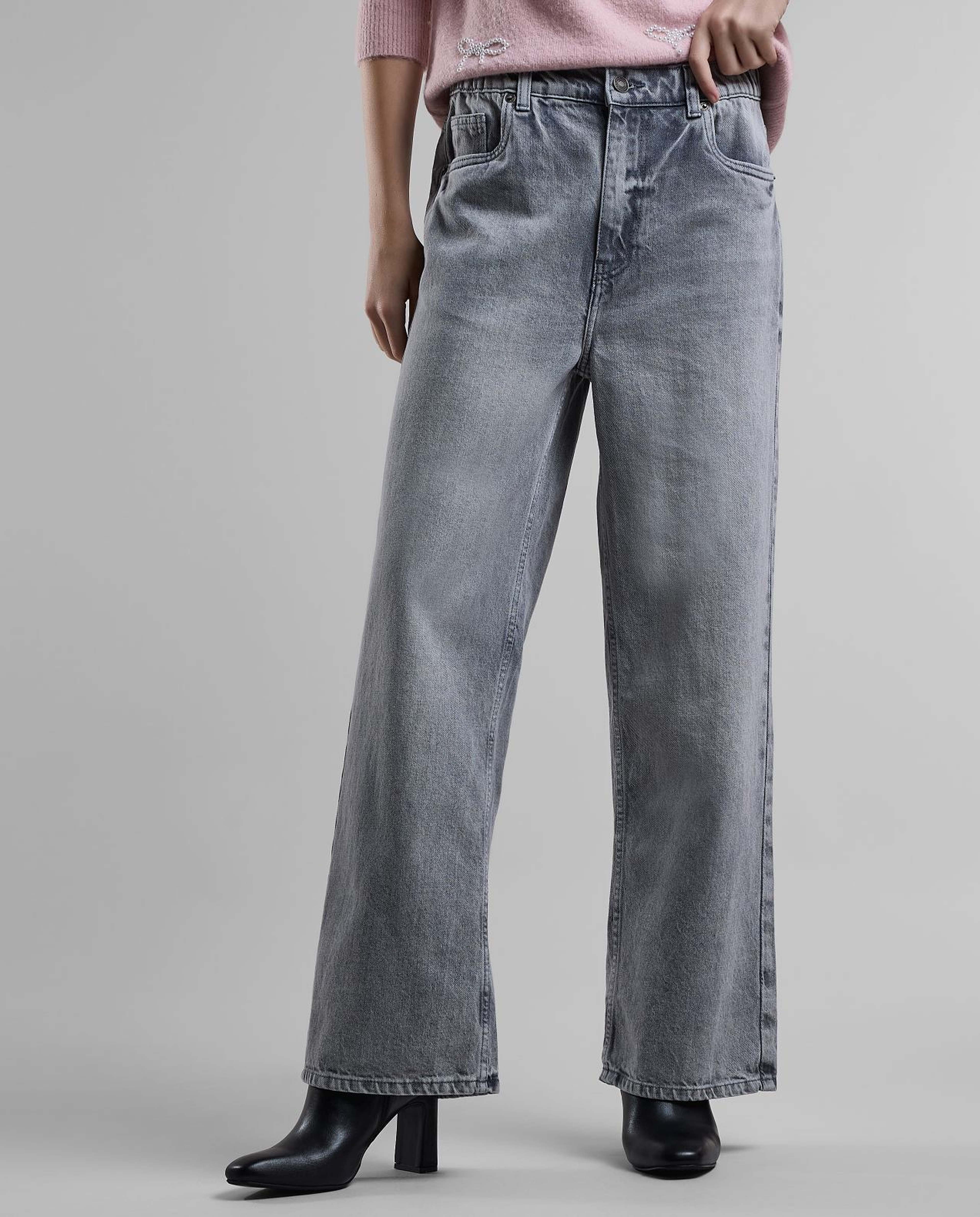 Washed Wide Leg Jeans with Button Closure