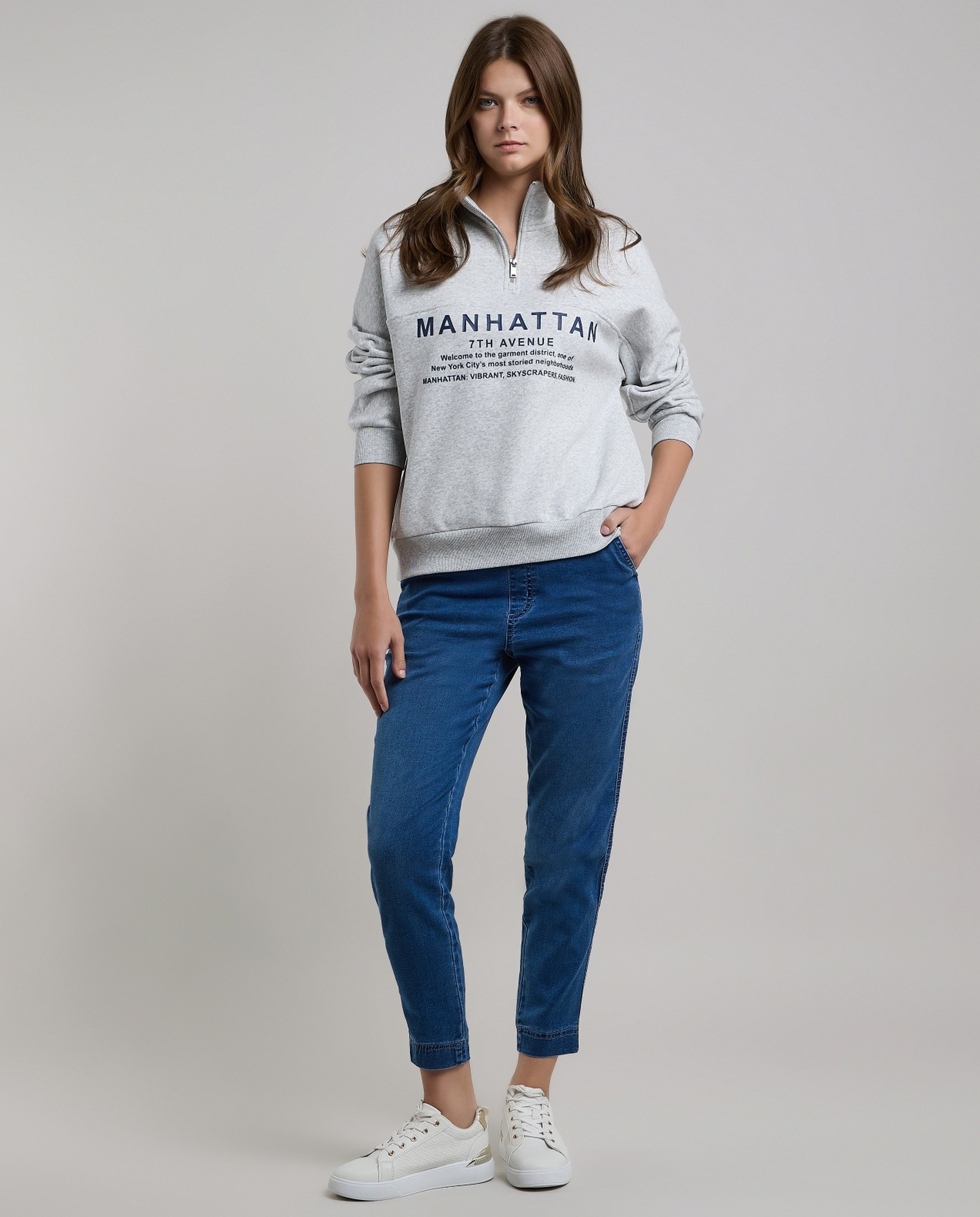 Typography Print Sweatshirt with High Neck and Long Sleeves