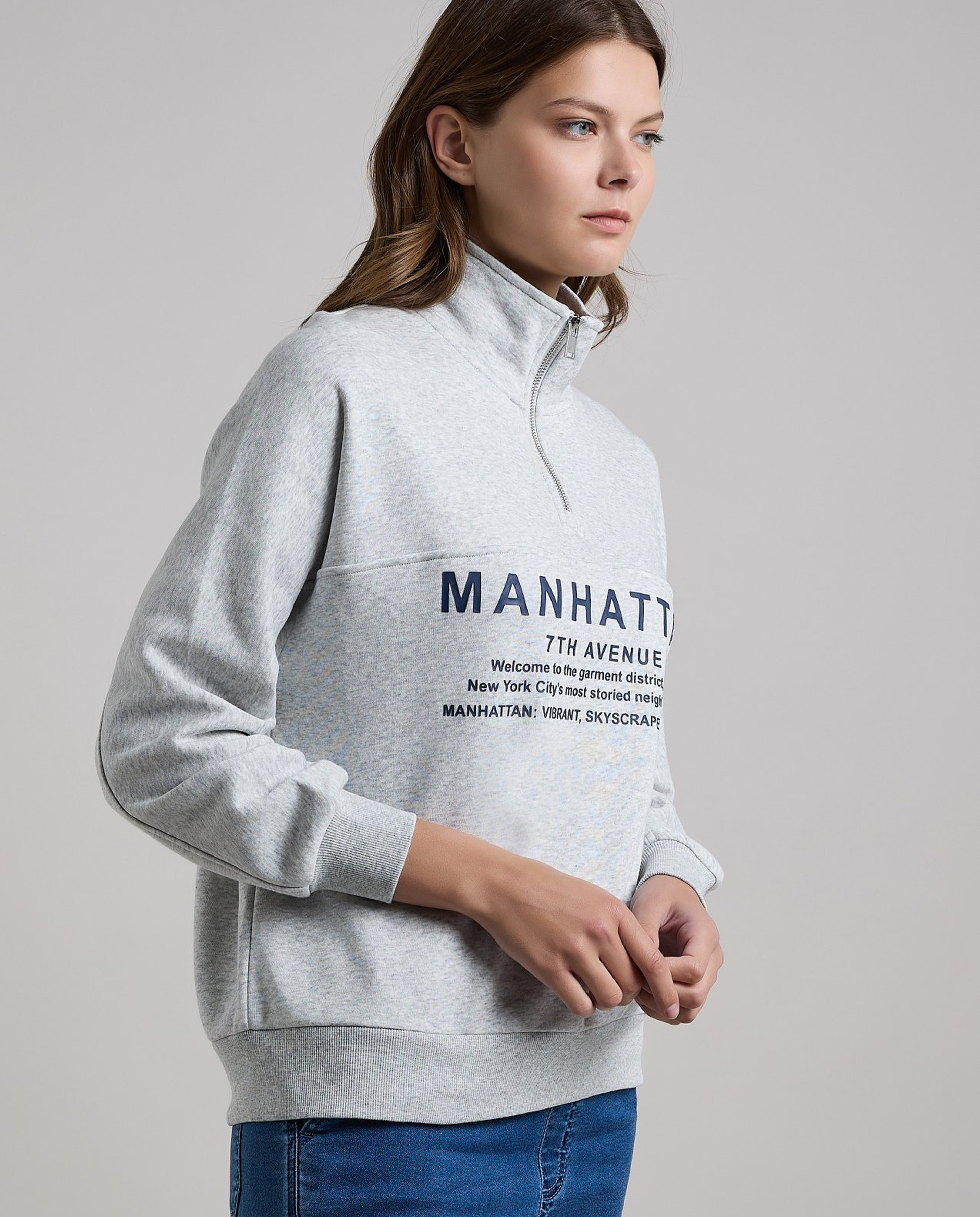 Typography Print Sweatshirt with High Neck and Long Sleeves