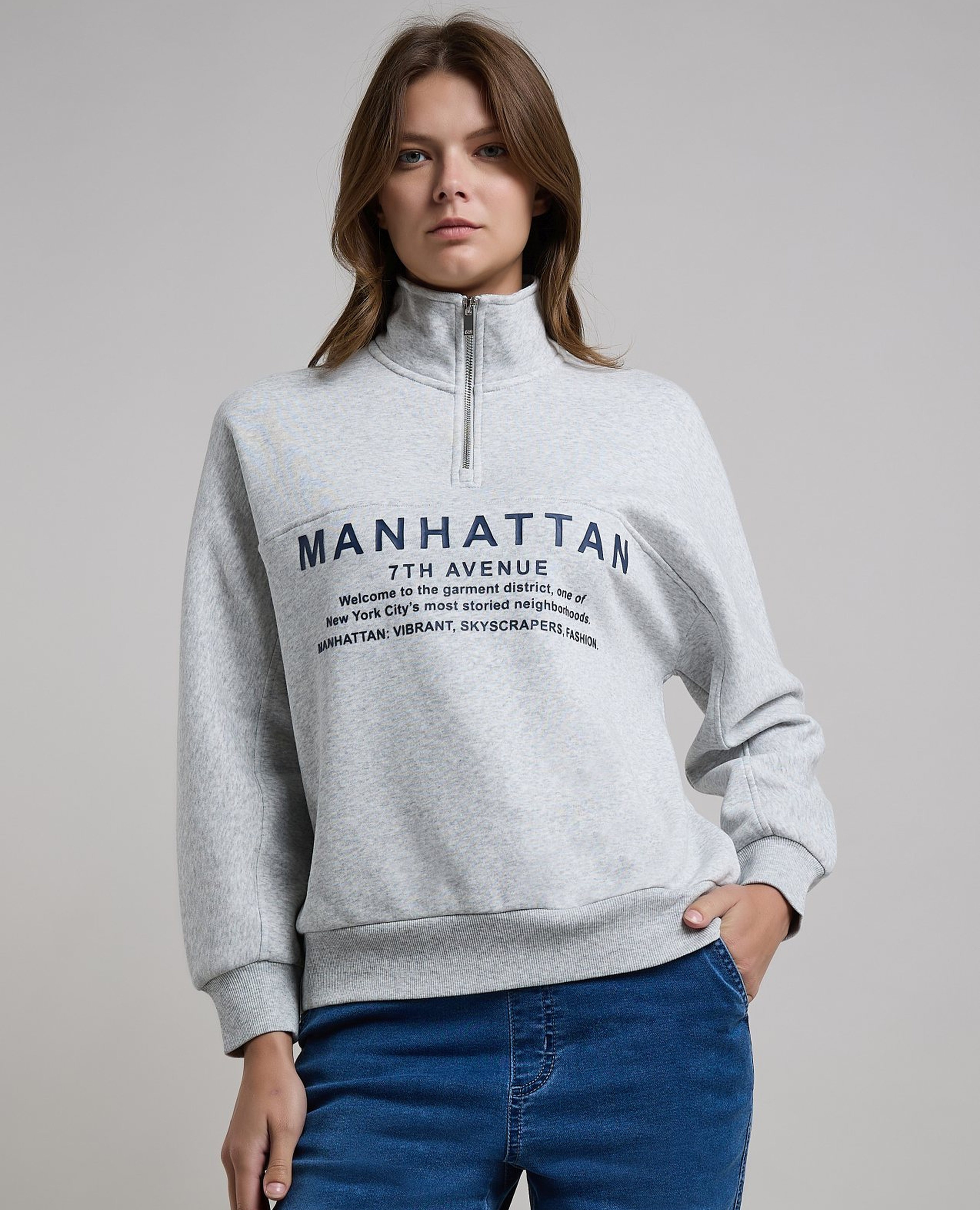 Typography Print Sweatshirt with High Neck and Long Sleeves