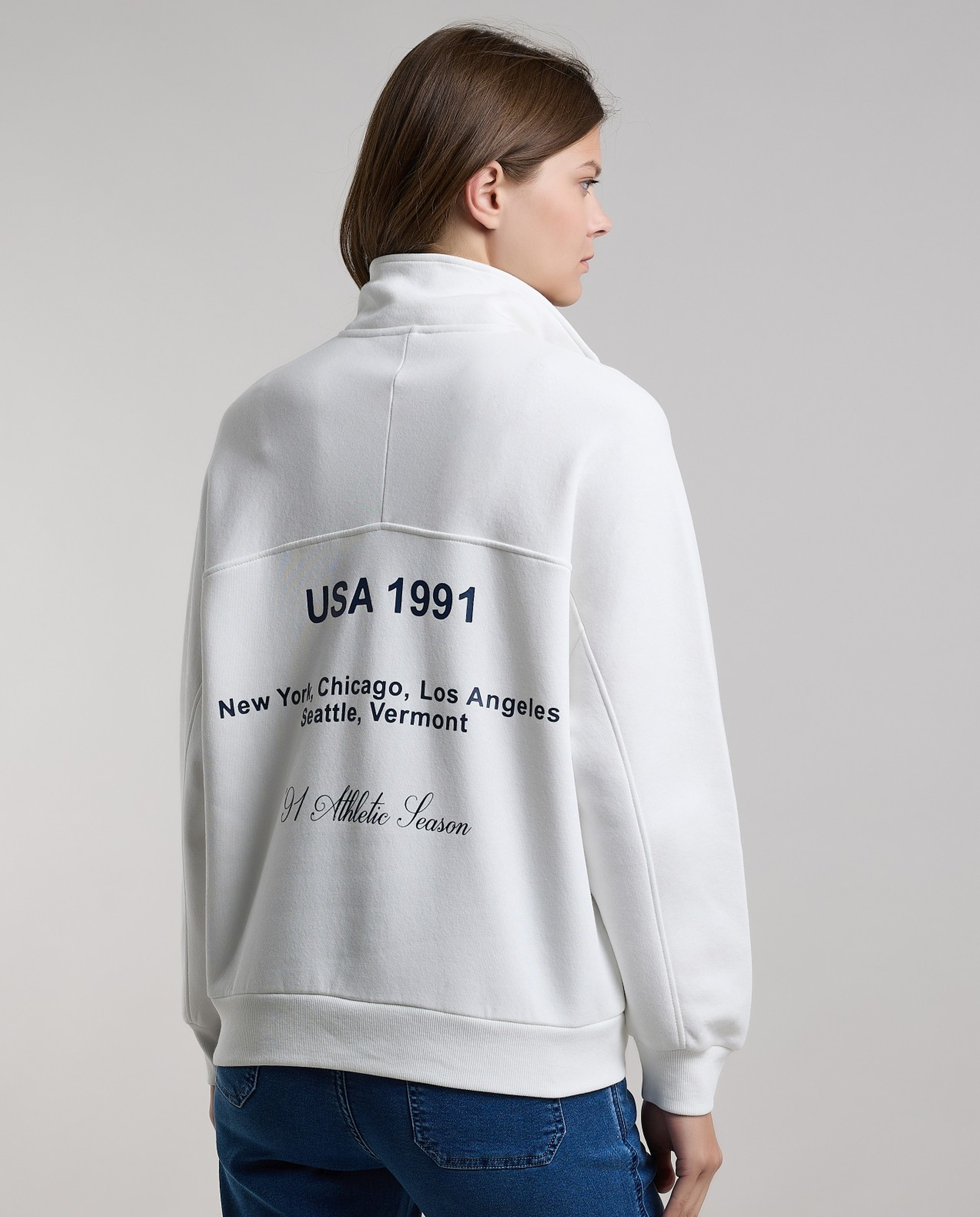Typography Print Sweatshirt with High Neck and Long Sleeves