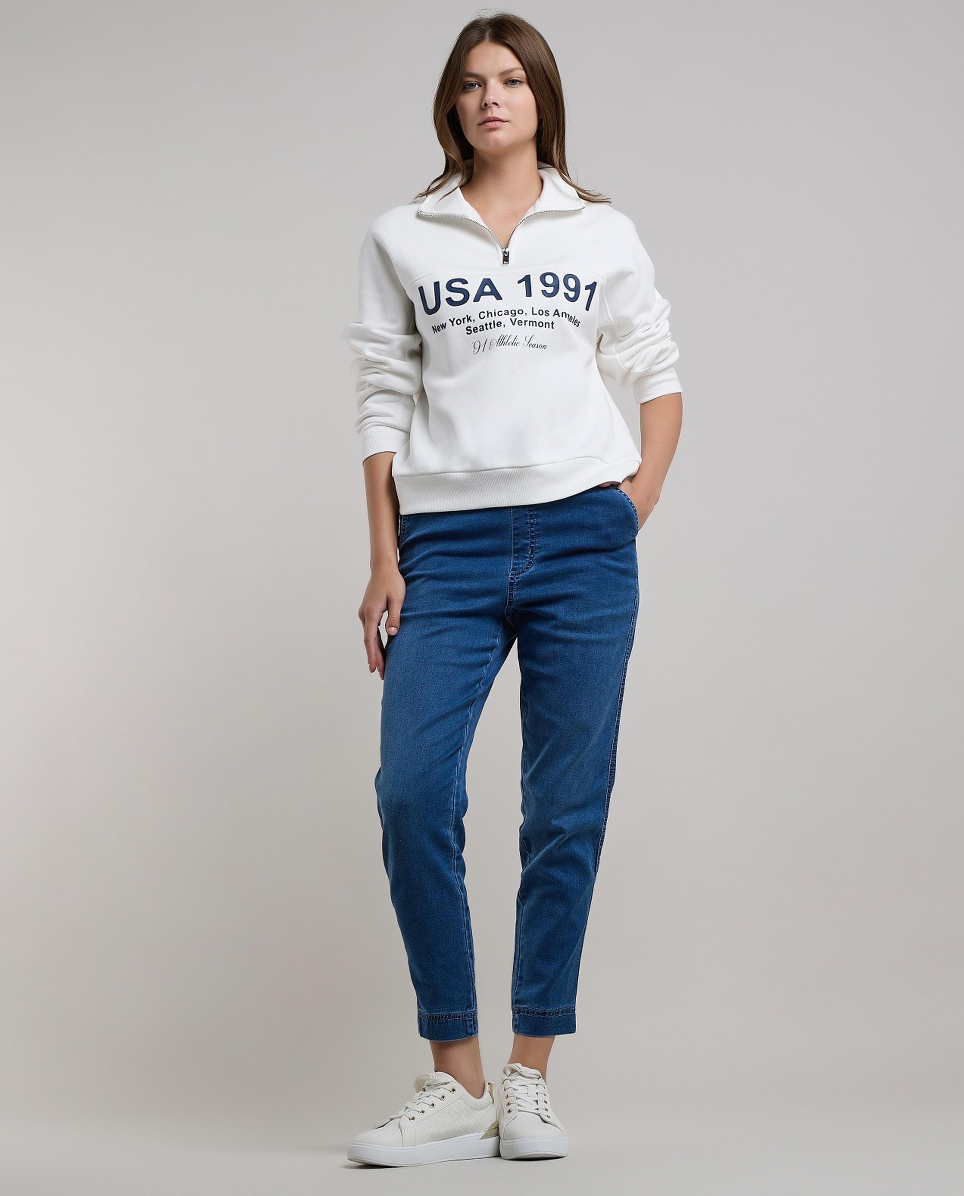 Typography Print Sweatshirt with High Neck and Long Sleeves