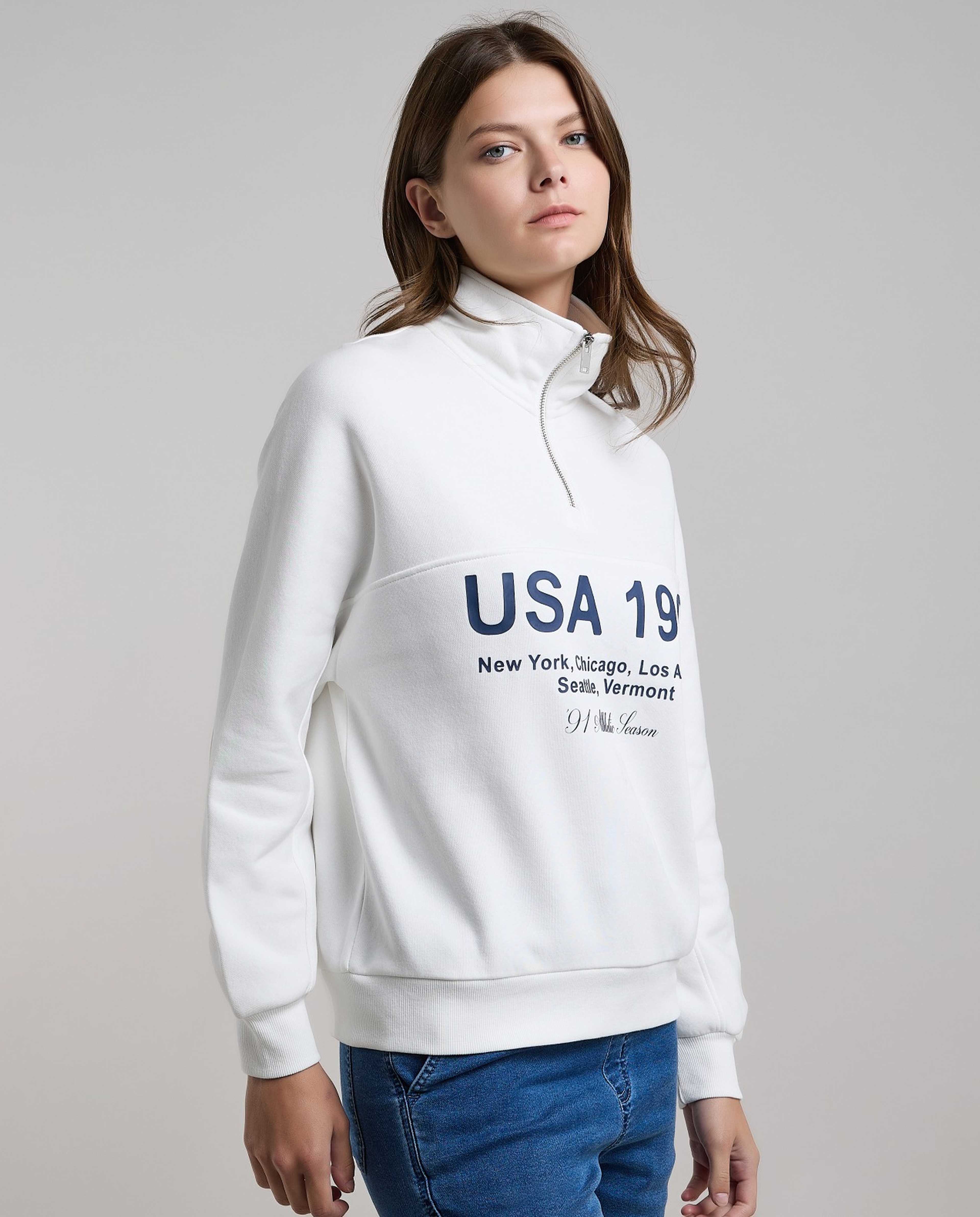 Typography Print Sweatshirt with High Neck and Long Sleeves