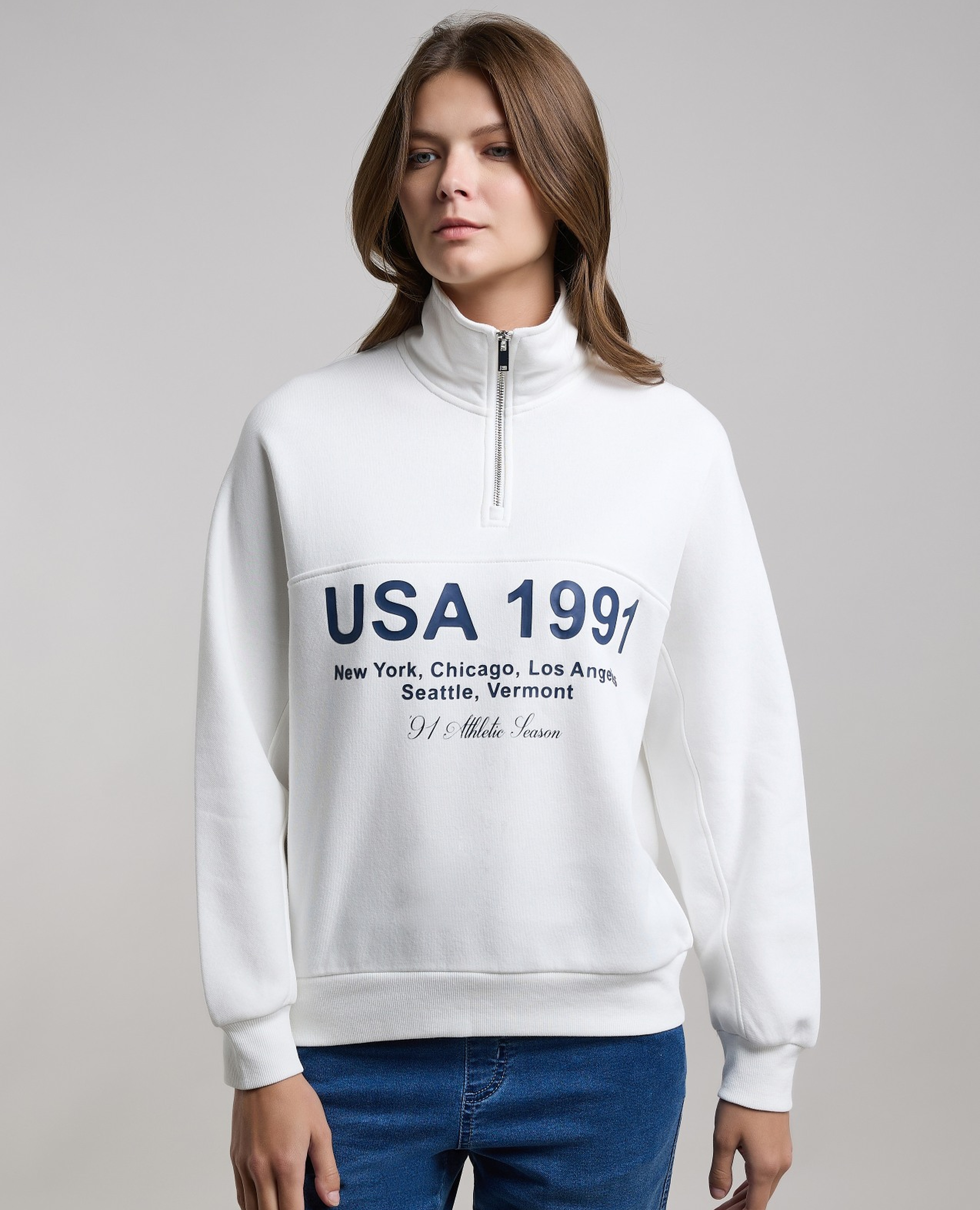 Typography Print Sweatshirt with High Neck and Long Sleeves