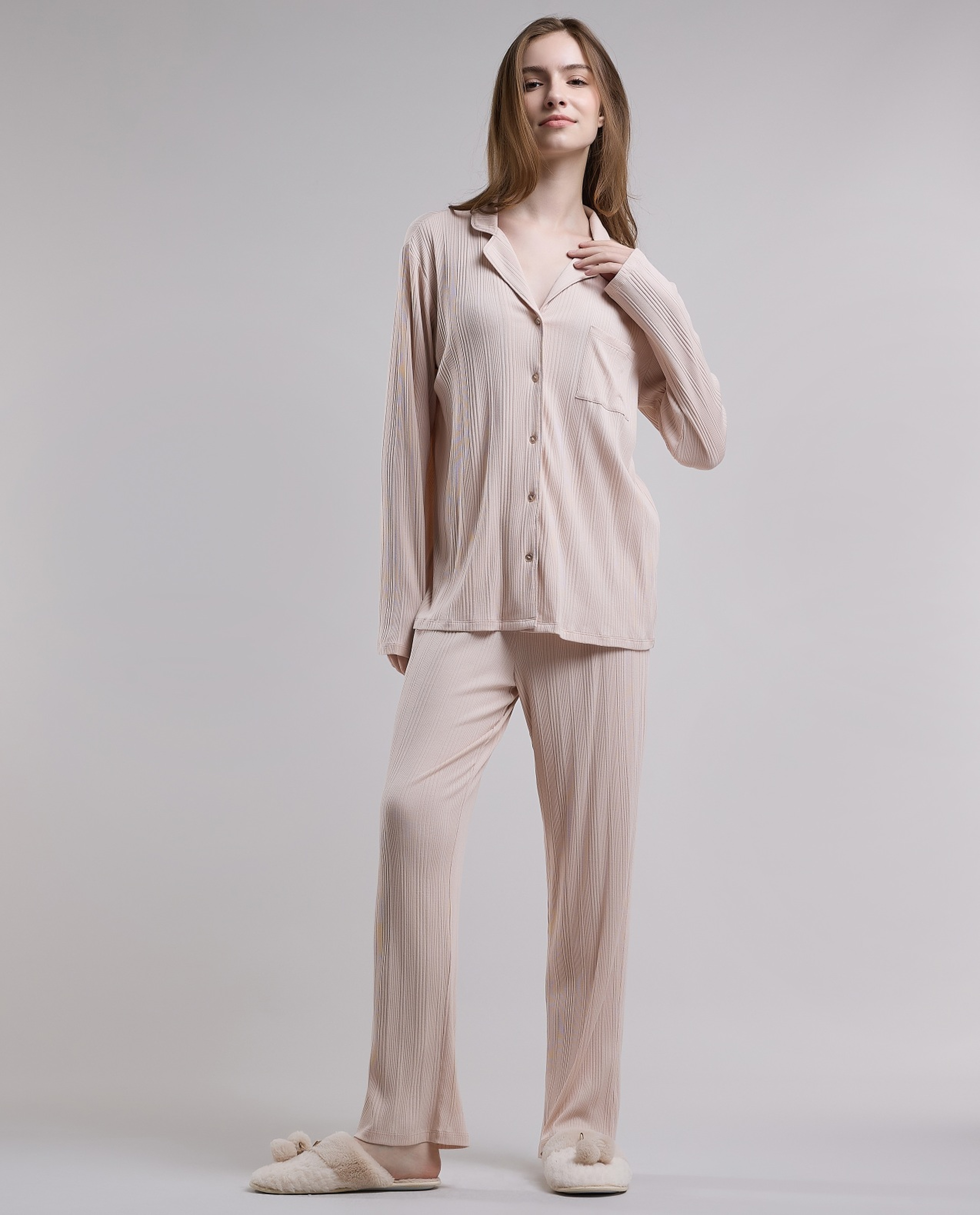 Ribbed Lapel Collar Pyjama Set