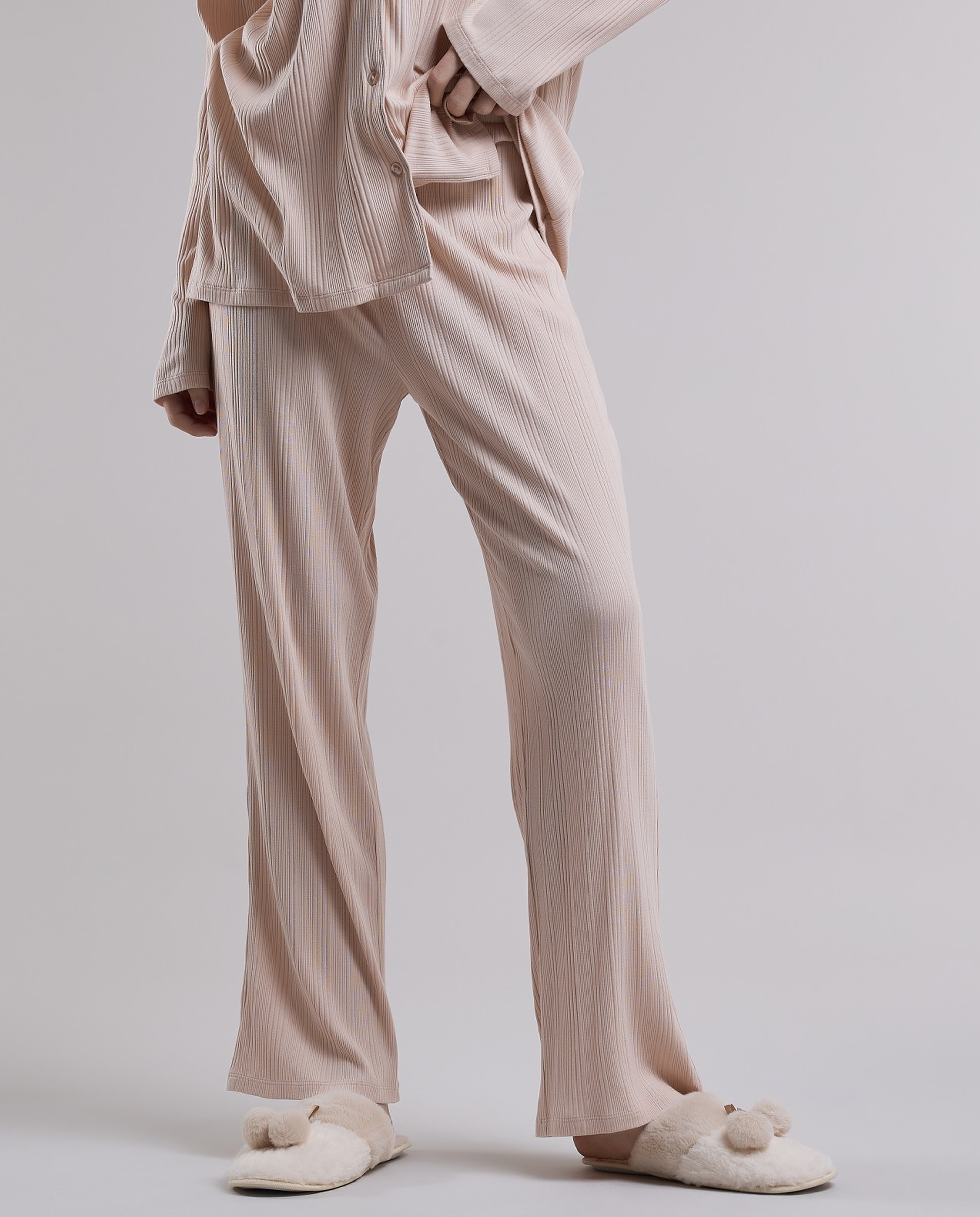 Ribbed Lapel Collar Pyjama Set