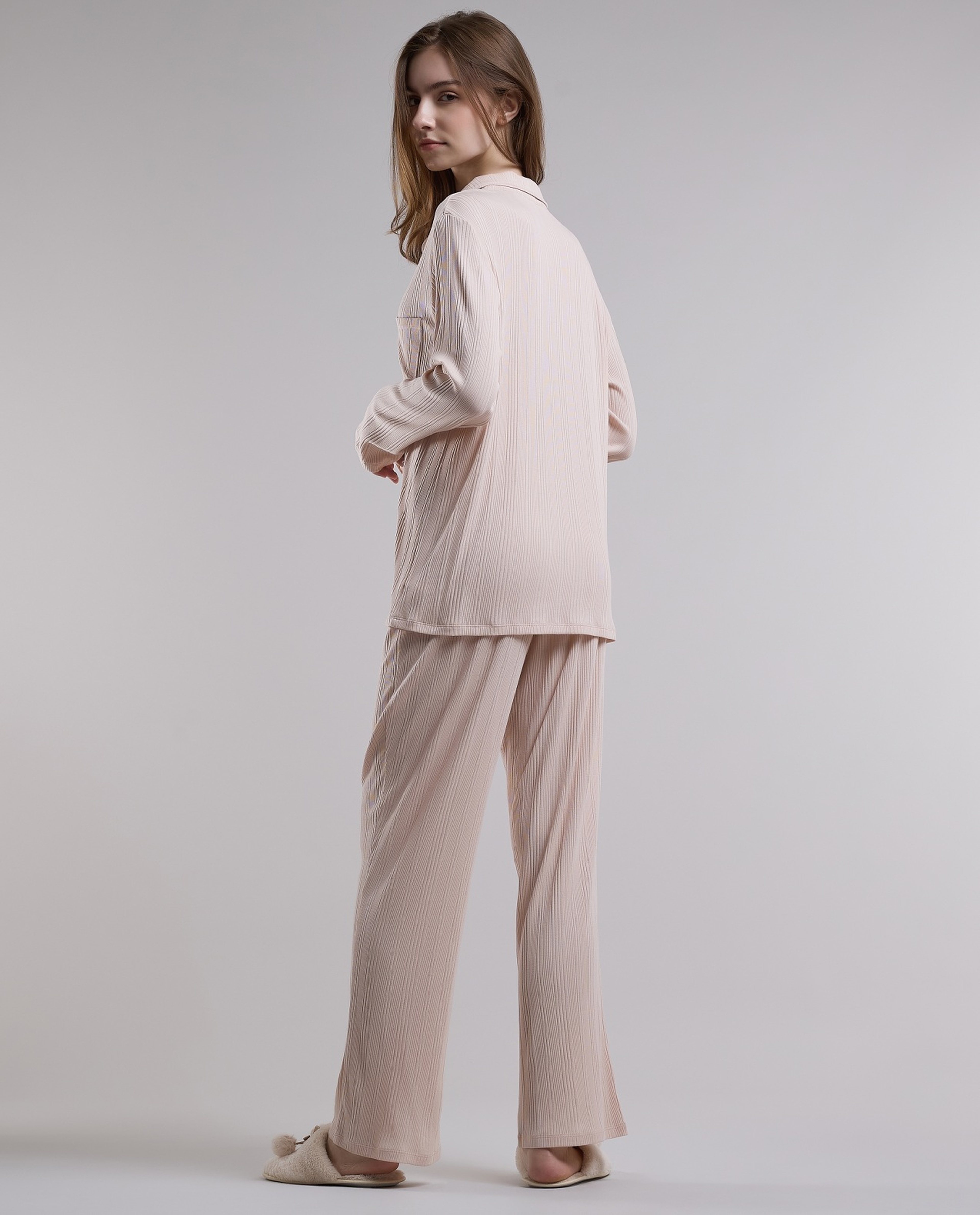 Ribbed Lapel Collar Pyjama Set