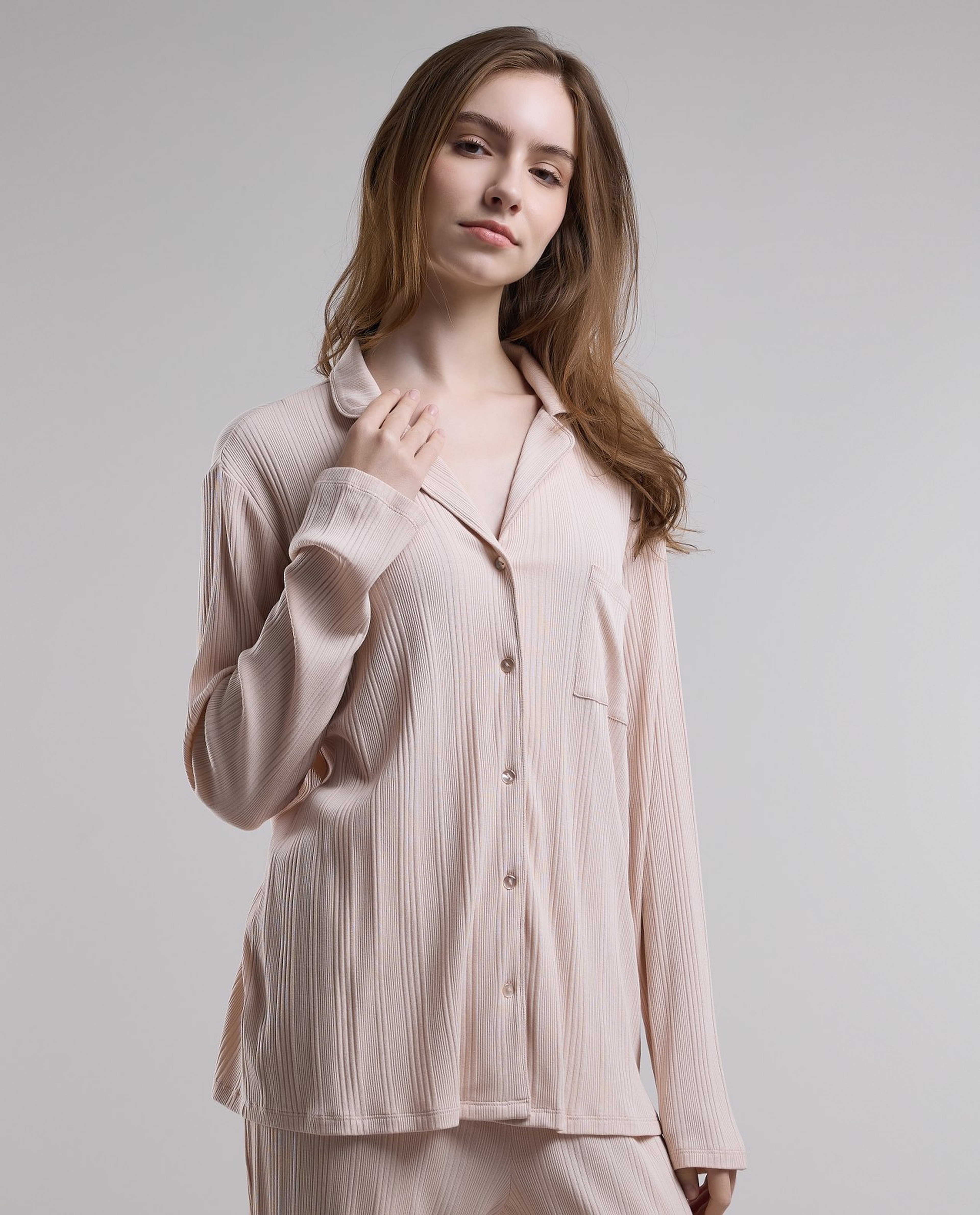 Ribbed Lapel Collar Pyjama Set