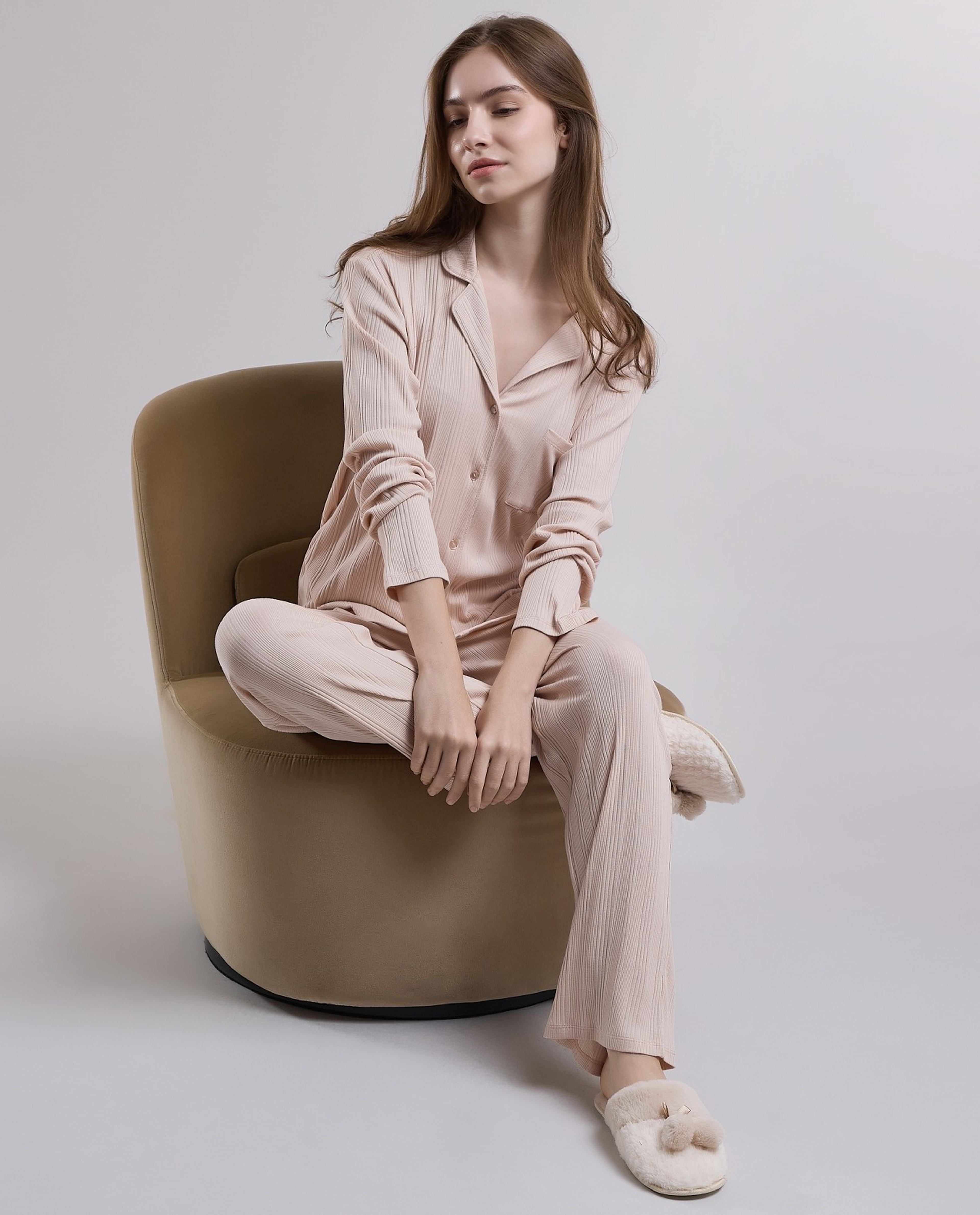 Ribbed Lapel Collar Pyjama Set