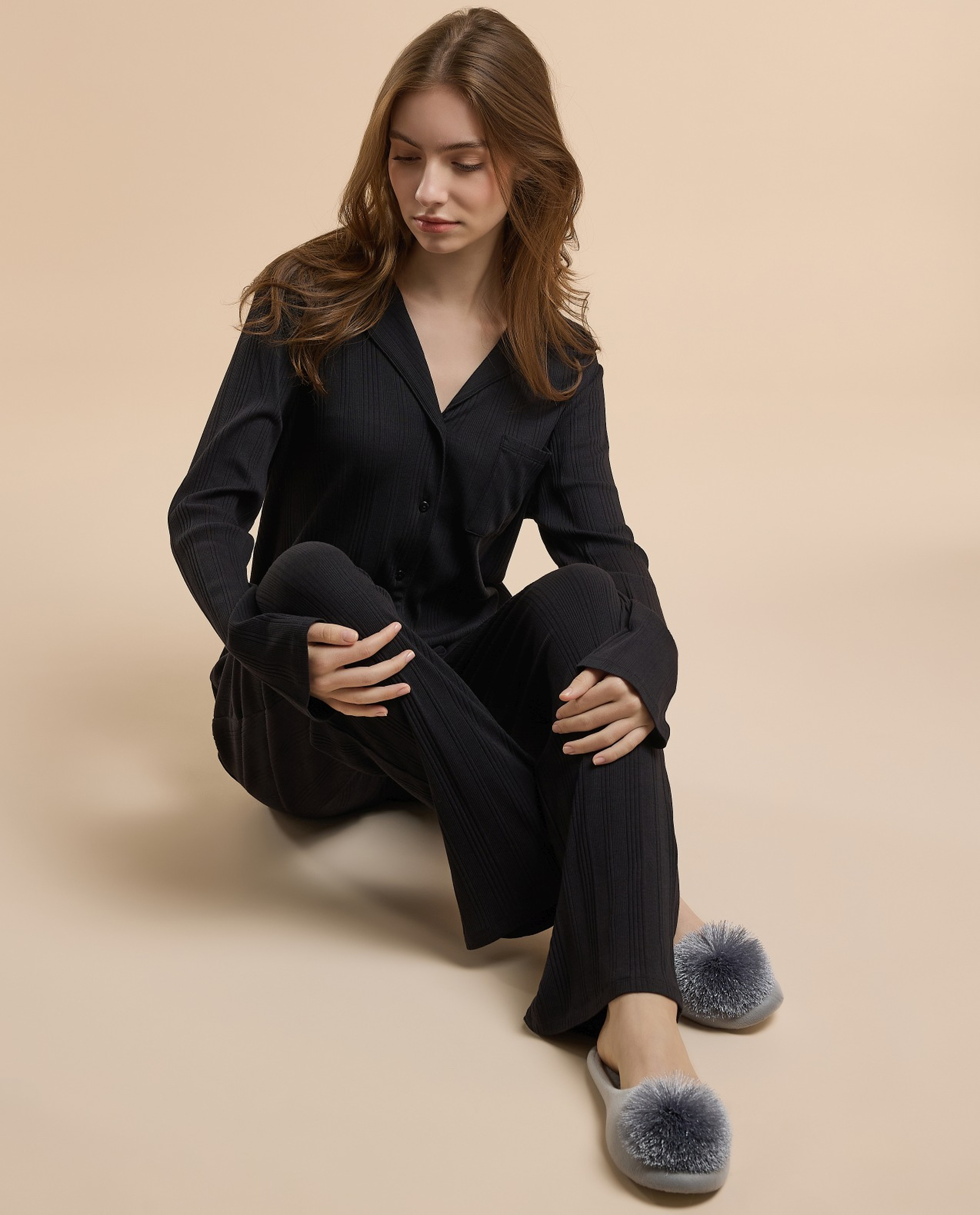 Ribbed Lapel Collar Pyjama Set