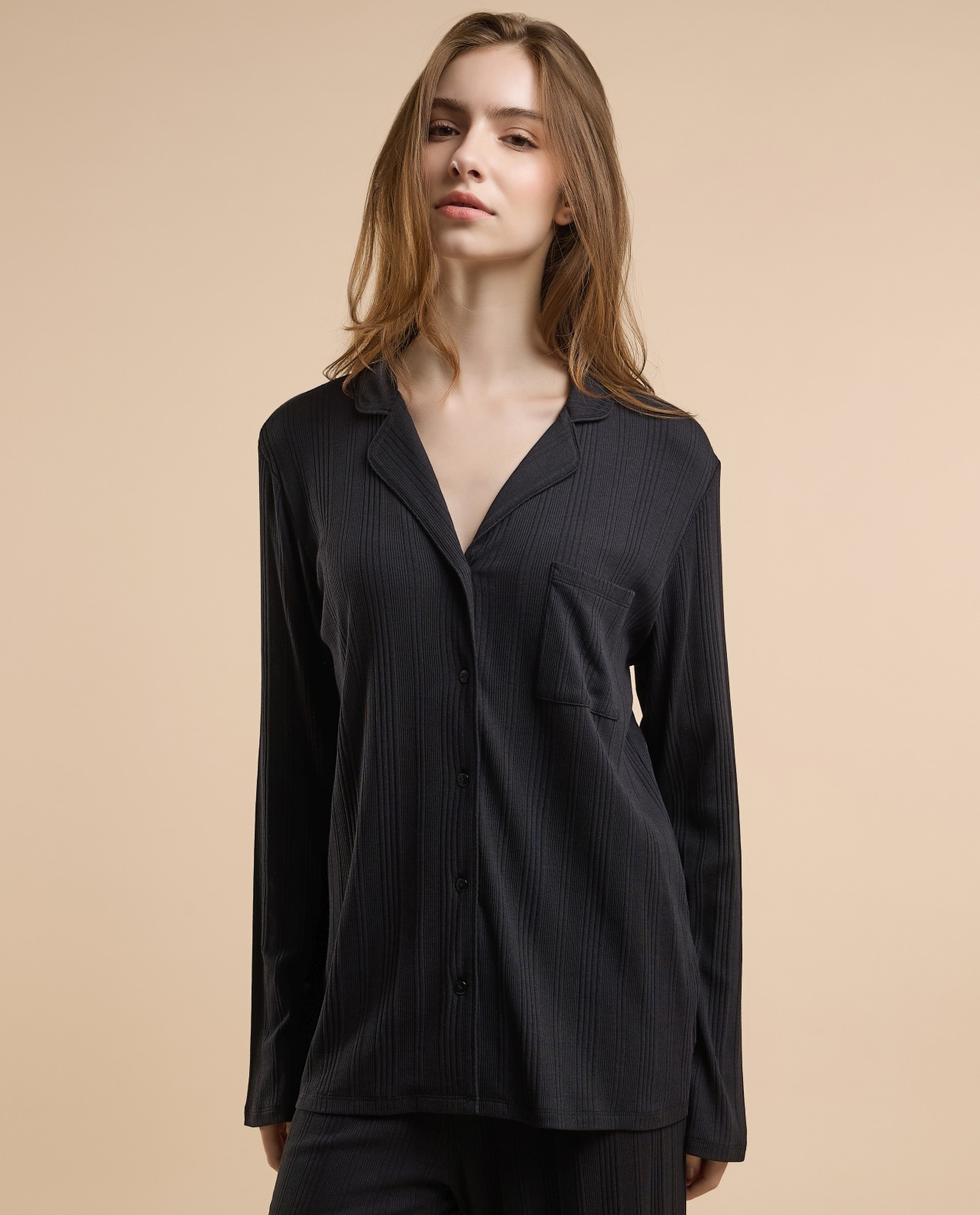 Ribbed Lapel Collar Pyjama Set