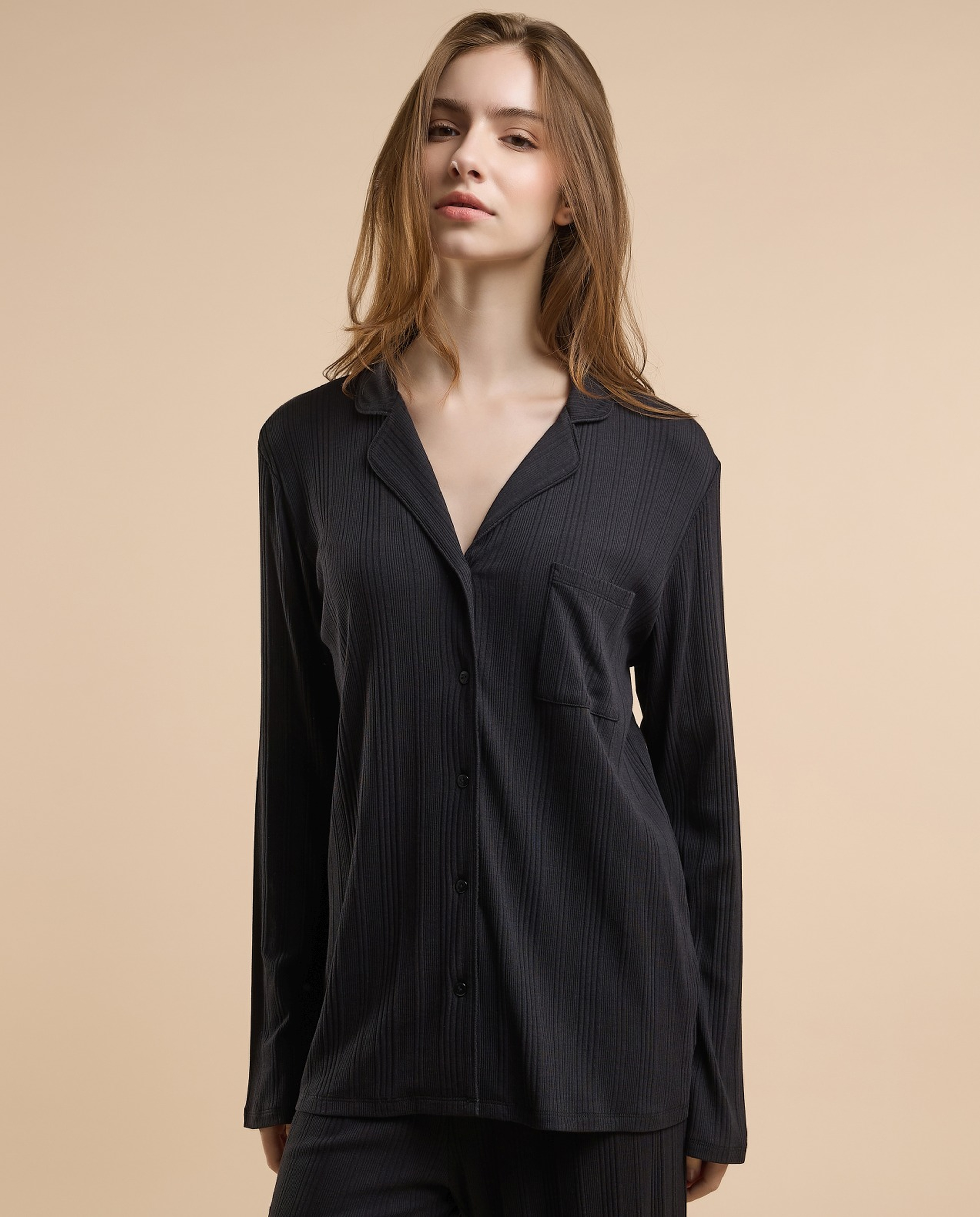 Ribbed Lapel Collar Pyjama Set