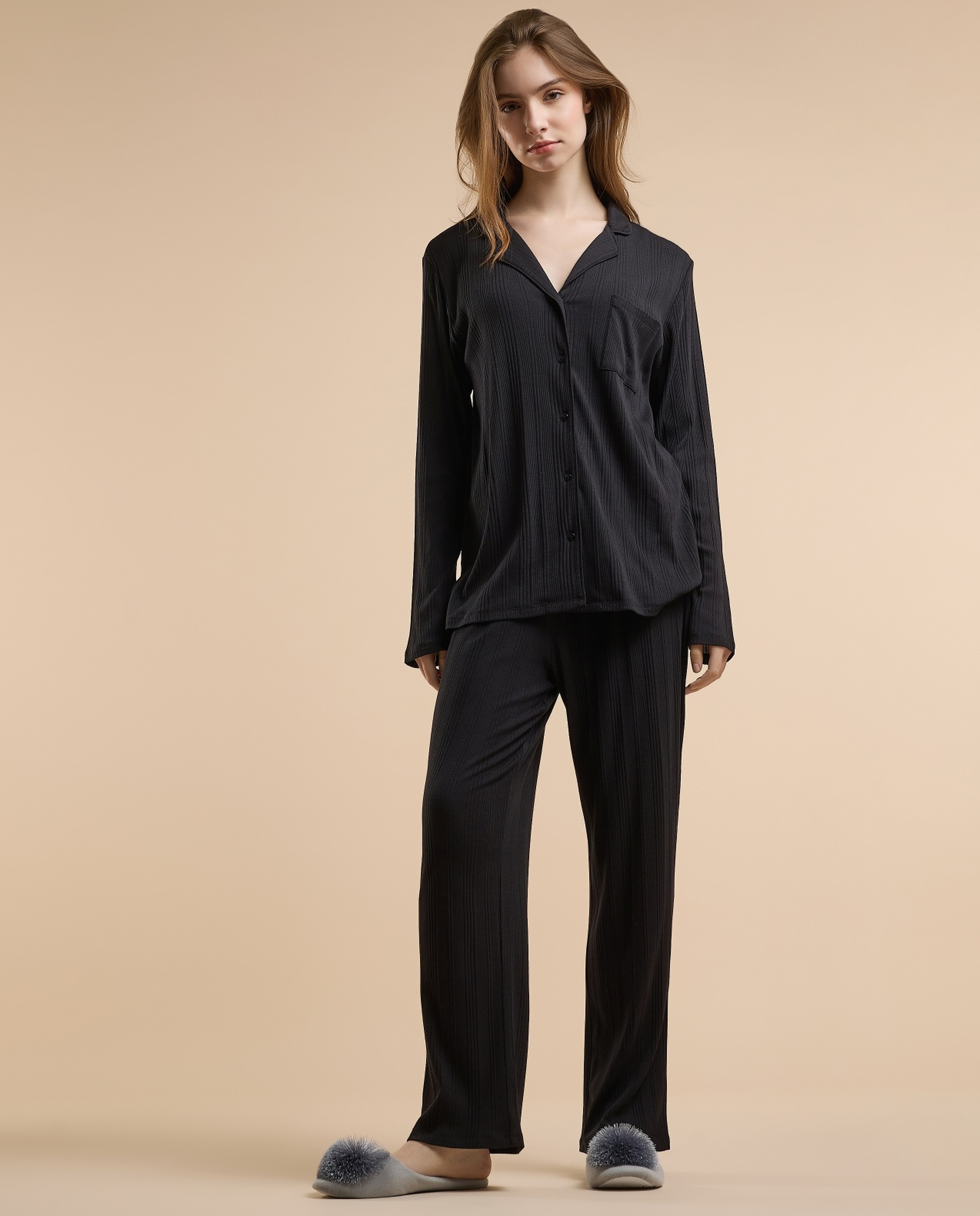 Ribbed Lapel Collar Pyjama Set