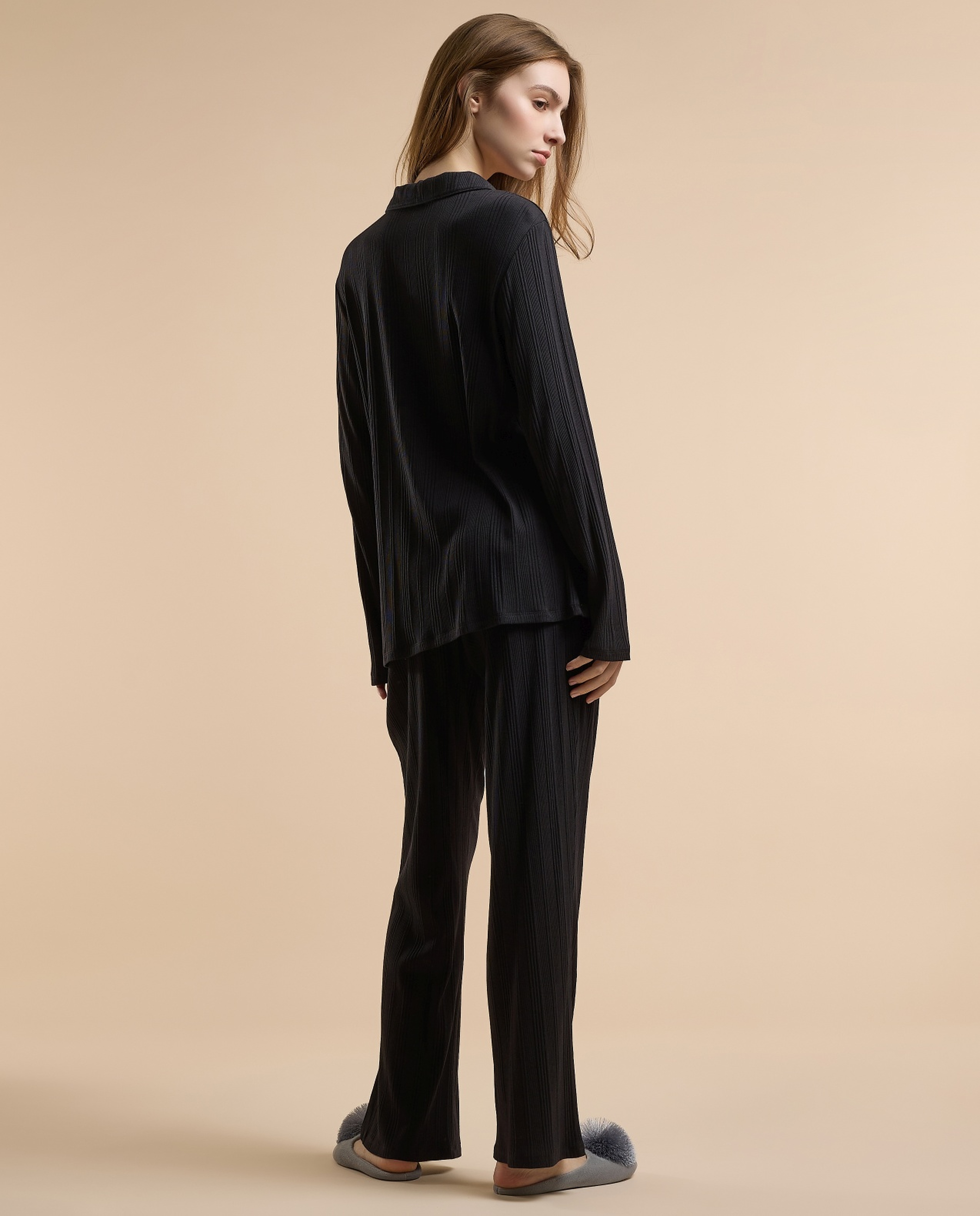 Ribbed Lapel Collar Pyjama Set