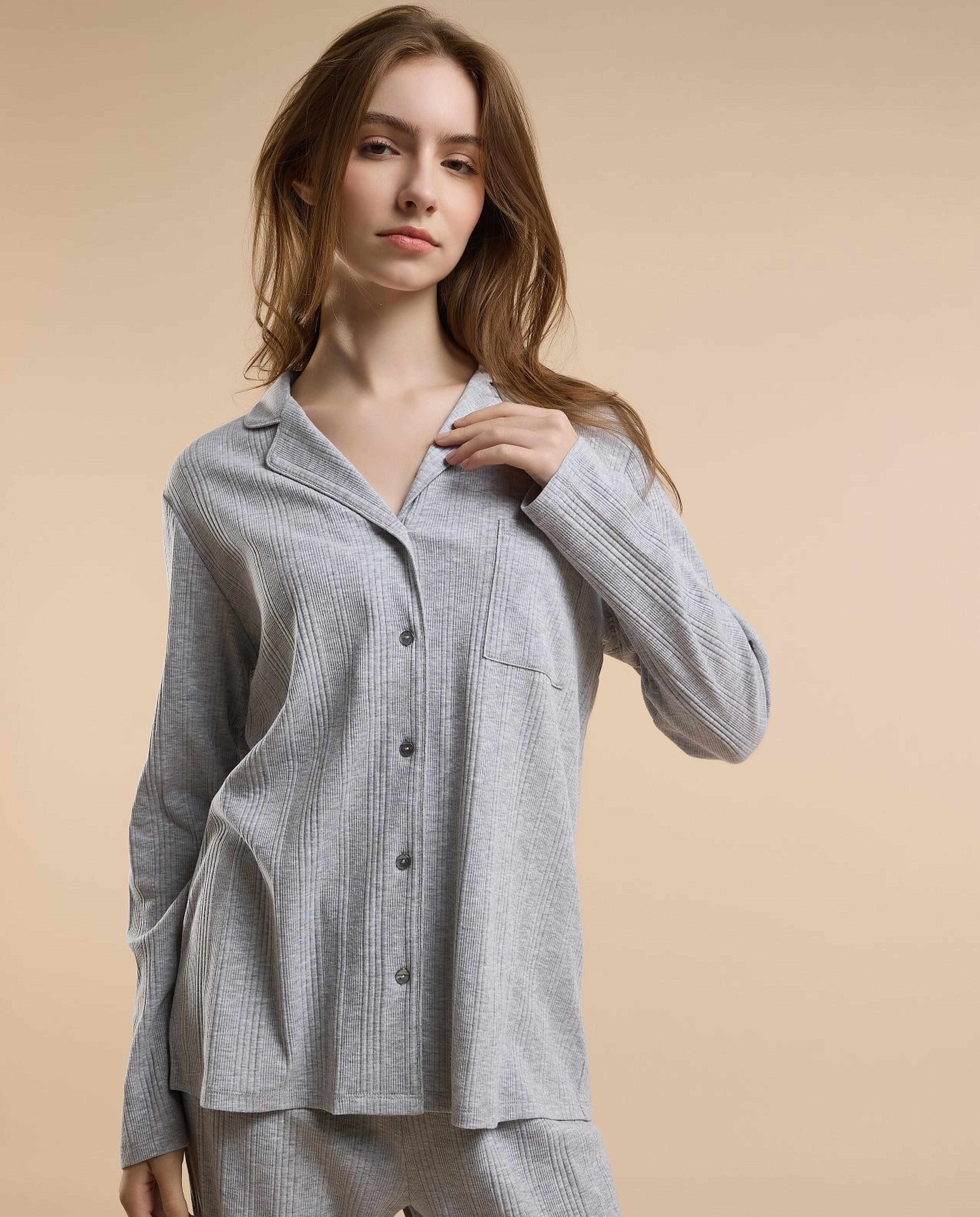 Ribbed Lapel Collar Pyjama Set