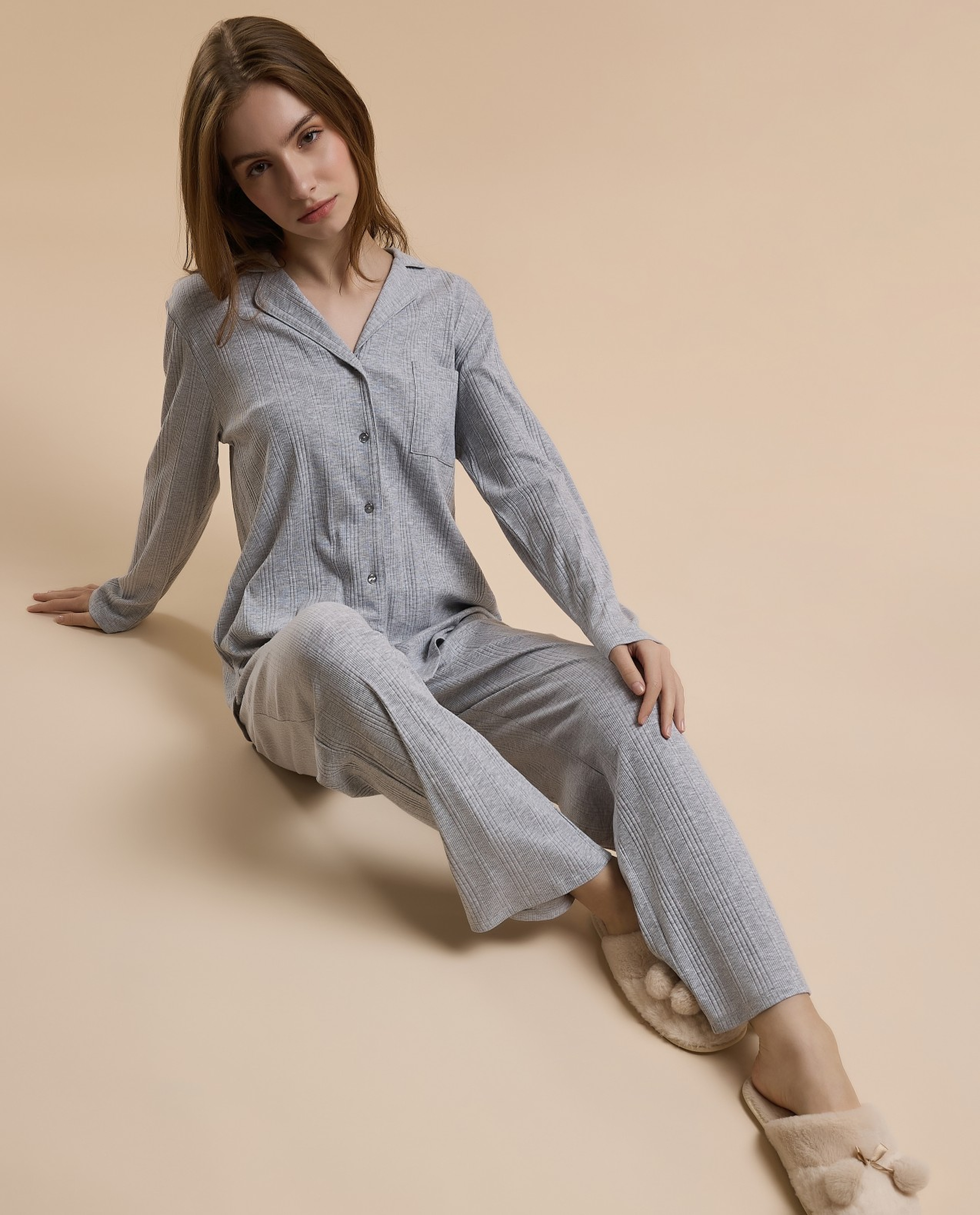 Ribbed Lapel Collar Pyjama Set