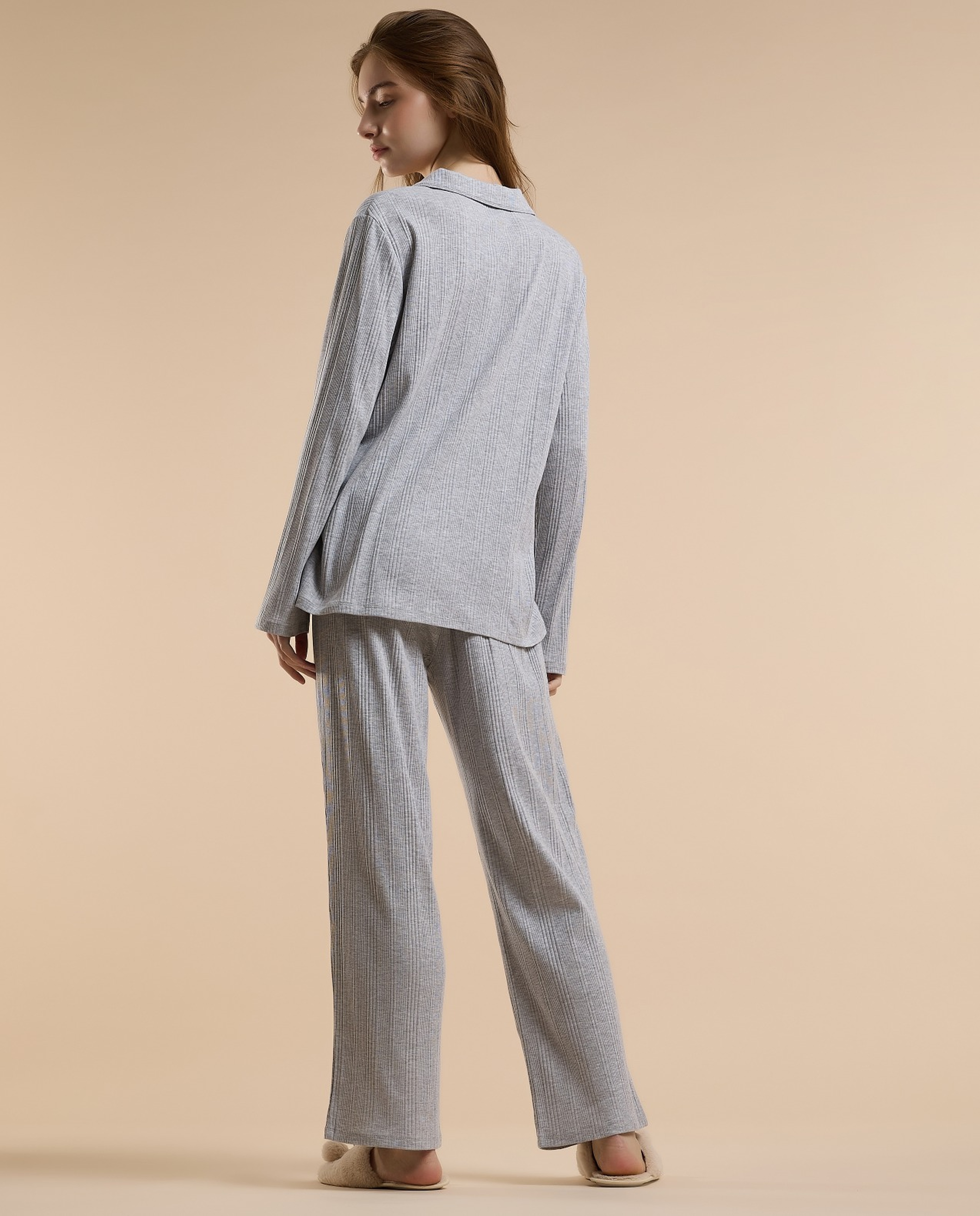 Ribbed Lapel Collar Pyjama Set